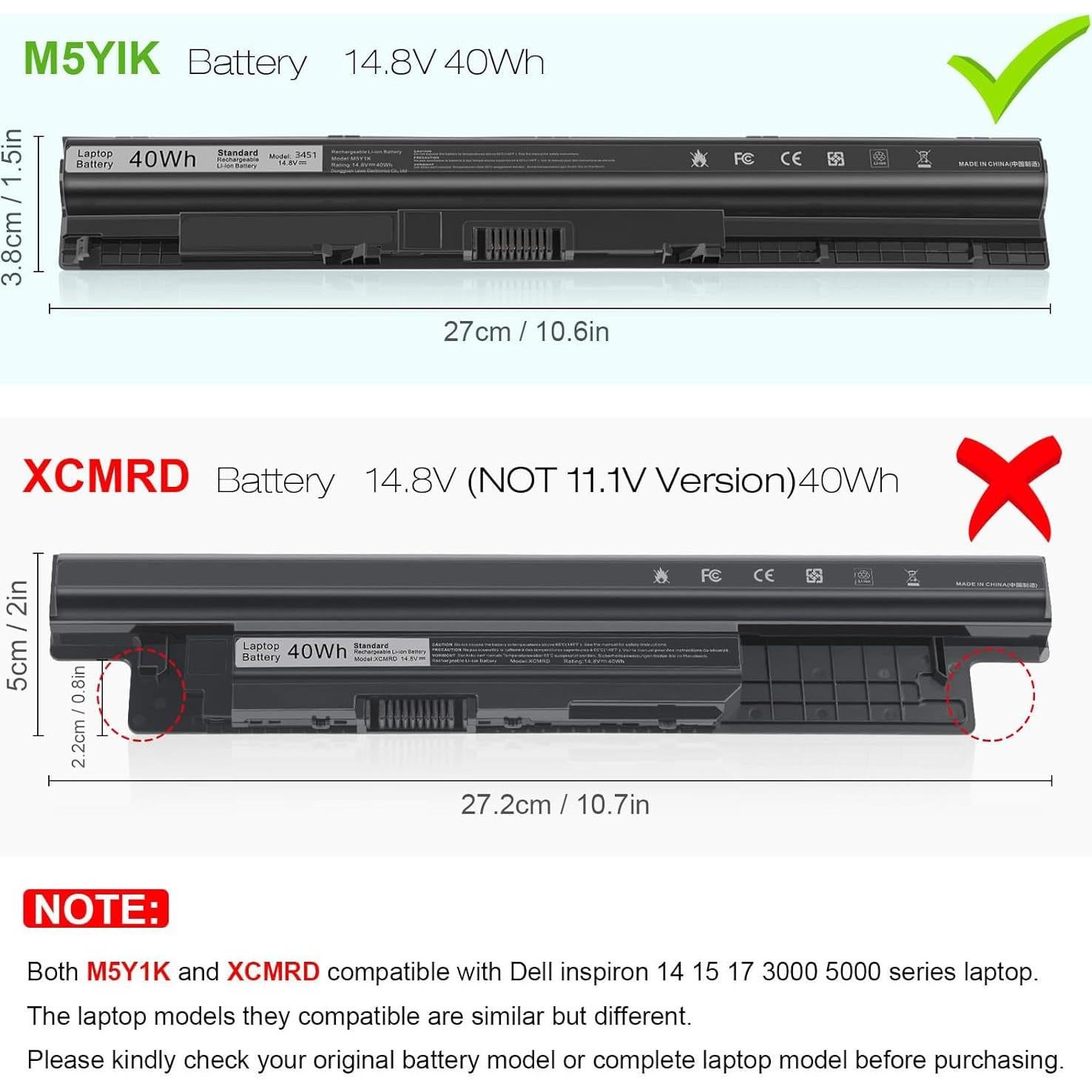 Batería Li-ion M5Y1K para Dell Inspiron 14 15 17 40Wh