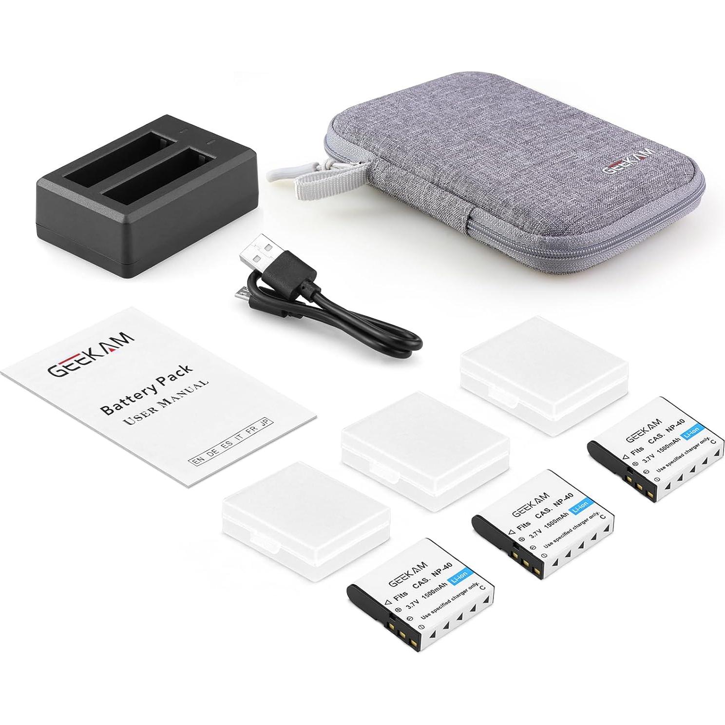 Paquete de Baterías Recargables NP-40 Geekam 1500mAh x3 con Cargador USB