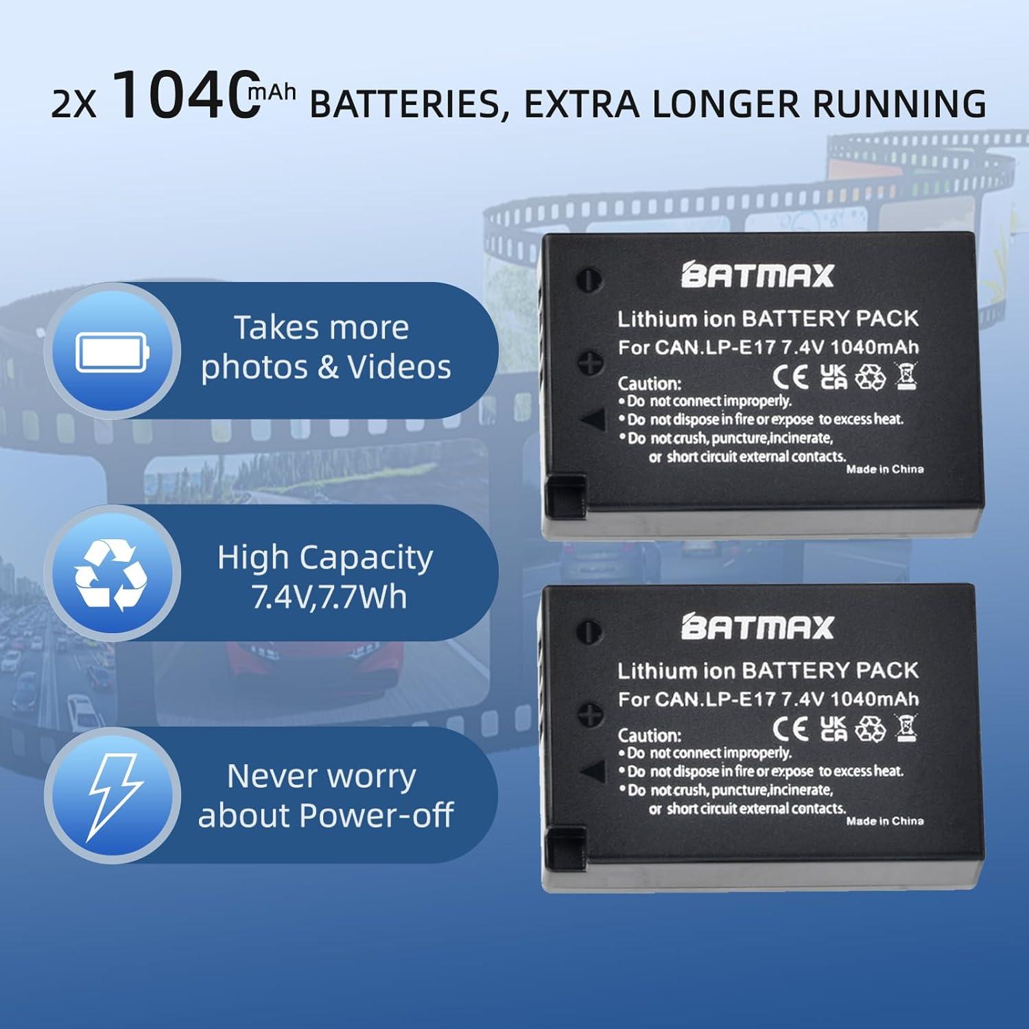 Batería LP-E17 Batmax 2 Unidades + Cargador LED para Canon