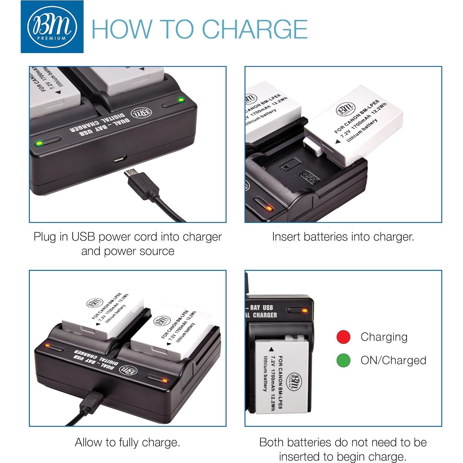 BM Premium Paquete 2 Baterías LP-E8 + Cargador Doble Canon DSLR