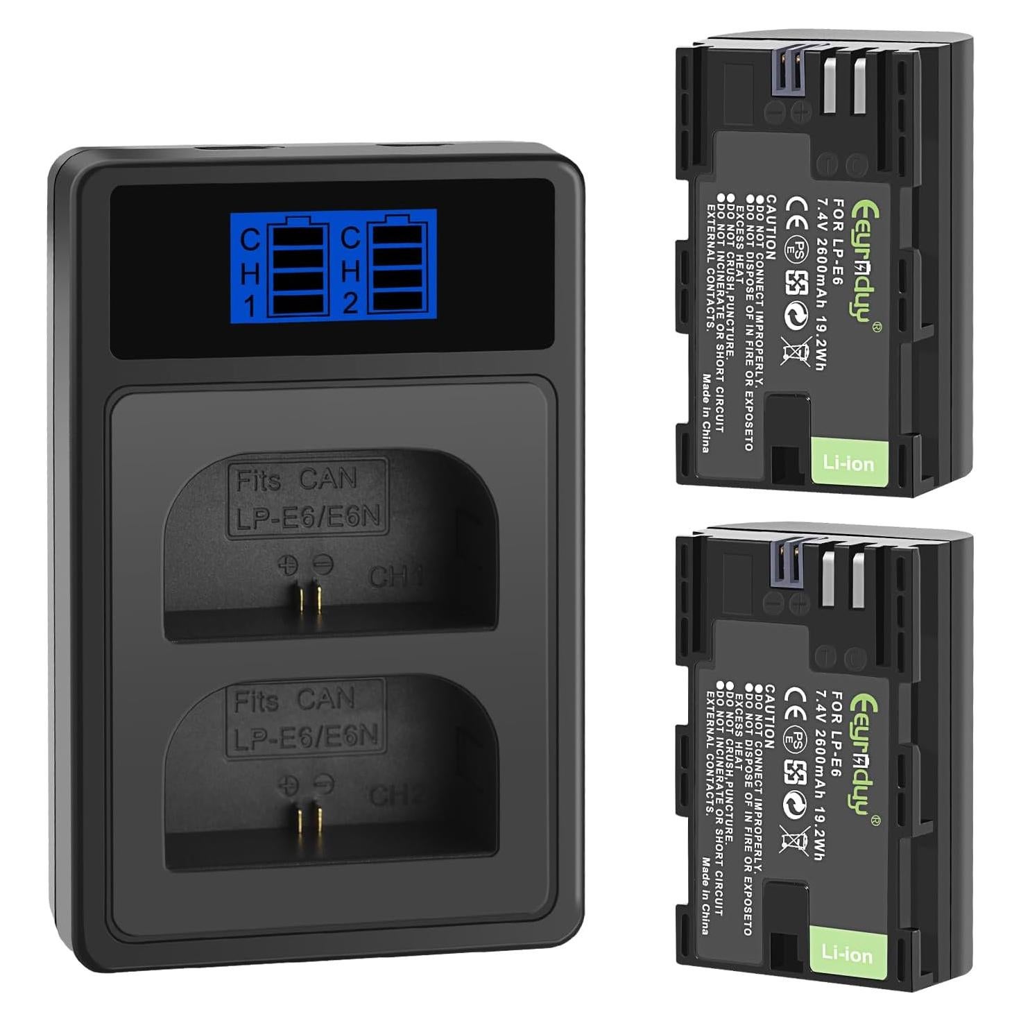 Paquete de 2 Baterías LP-E6 2600mAh y Cargador Doble Canon