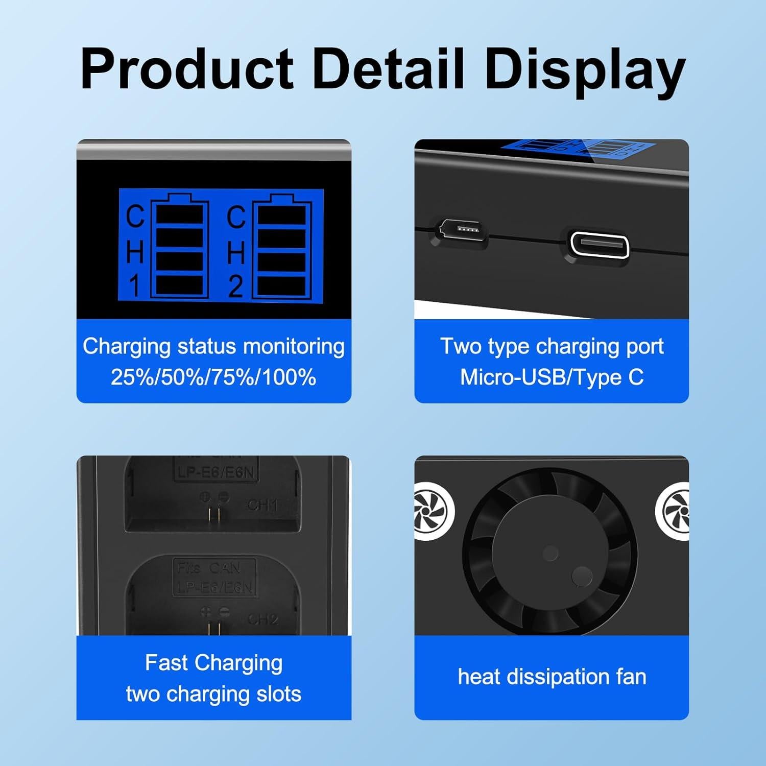 Paquete de 2 Baterías LP-E6 2600mAh y Cargador Doble Canon