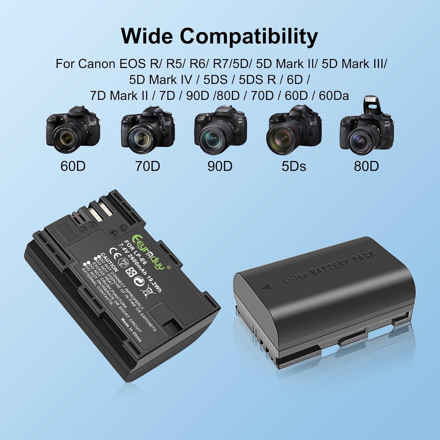 Paquete de 2 Baterías LP-E6 2600mAh y Cargador Doble Canon