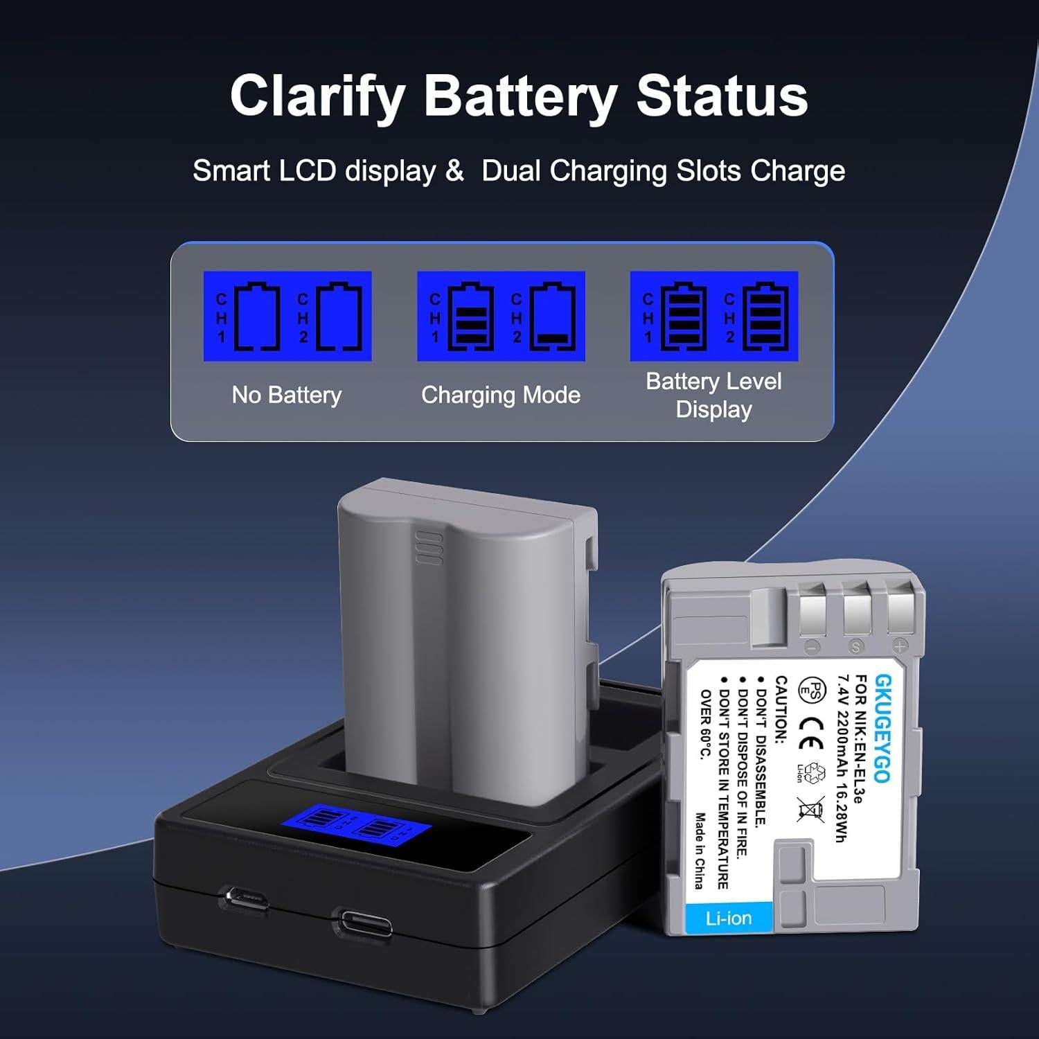 Baterías y Cargador GKUGEYGO EN-EL3E para Nikon DSLR - 2 Pzs