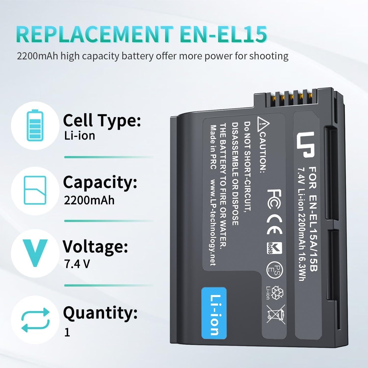 Batería de Reemplazo LP EN-EL15C 2200mAh para Nikon
