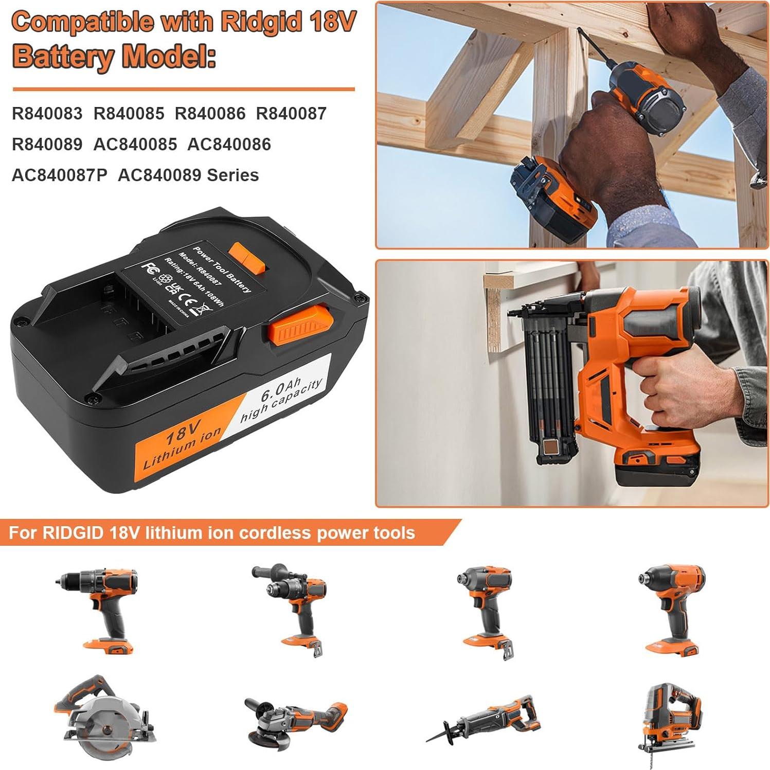 Batería de Litio 18V 6.0Ah Ridgid R840087 Reemplazo Herramientas