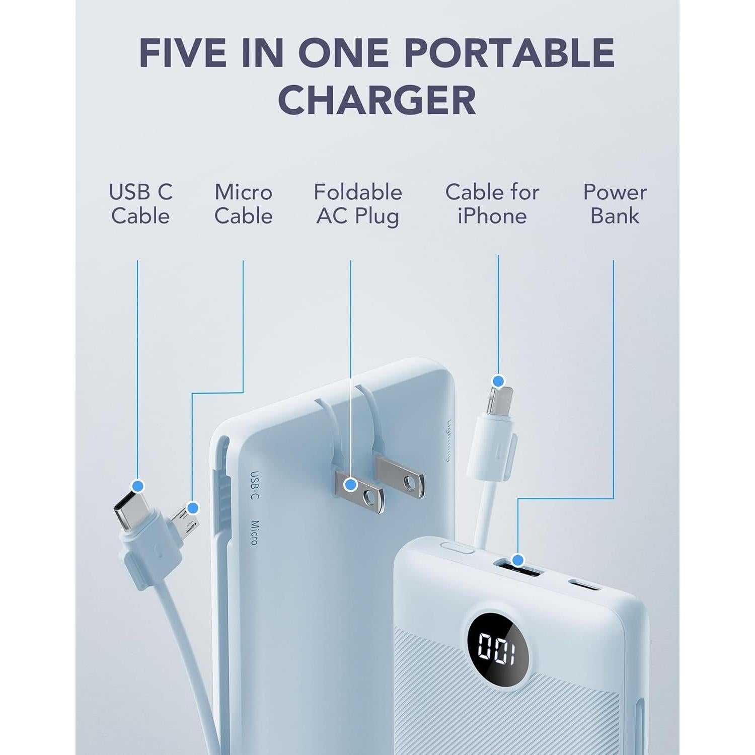 Cargador Portátil VRURC 10000mAh USB C con Enchufe AC