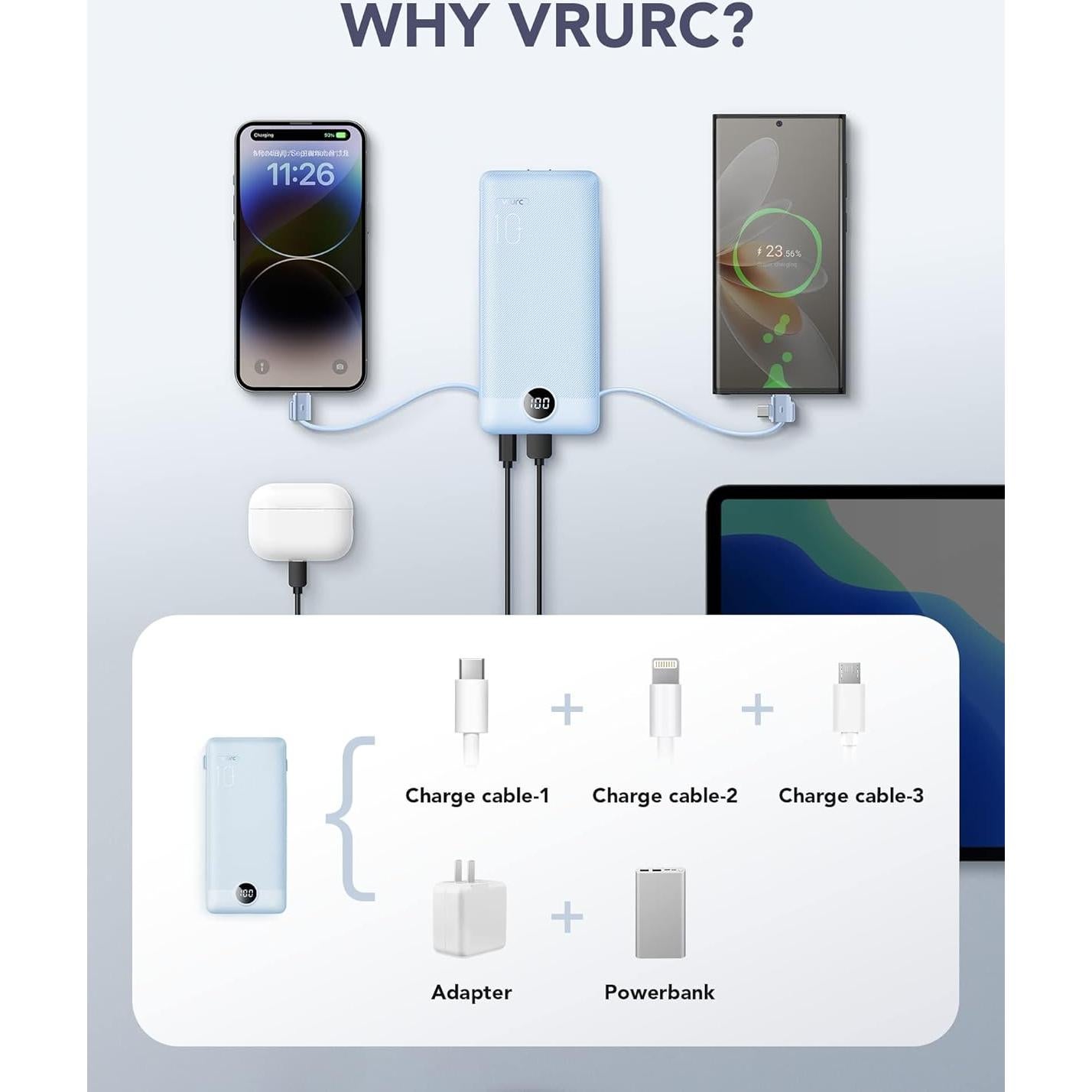 Cargador Portátil VRURC 10000mAh USB C con Enchufe AC