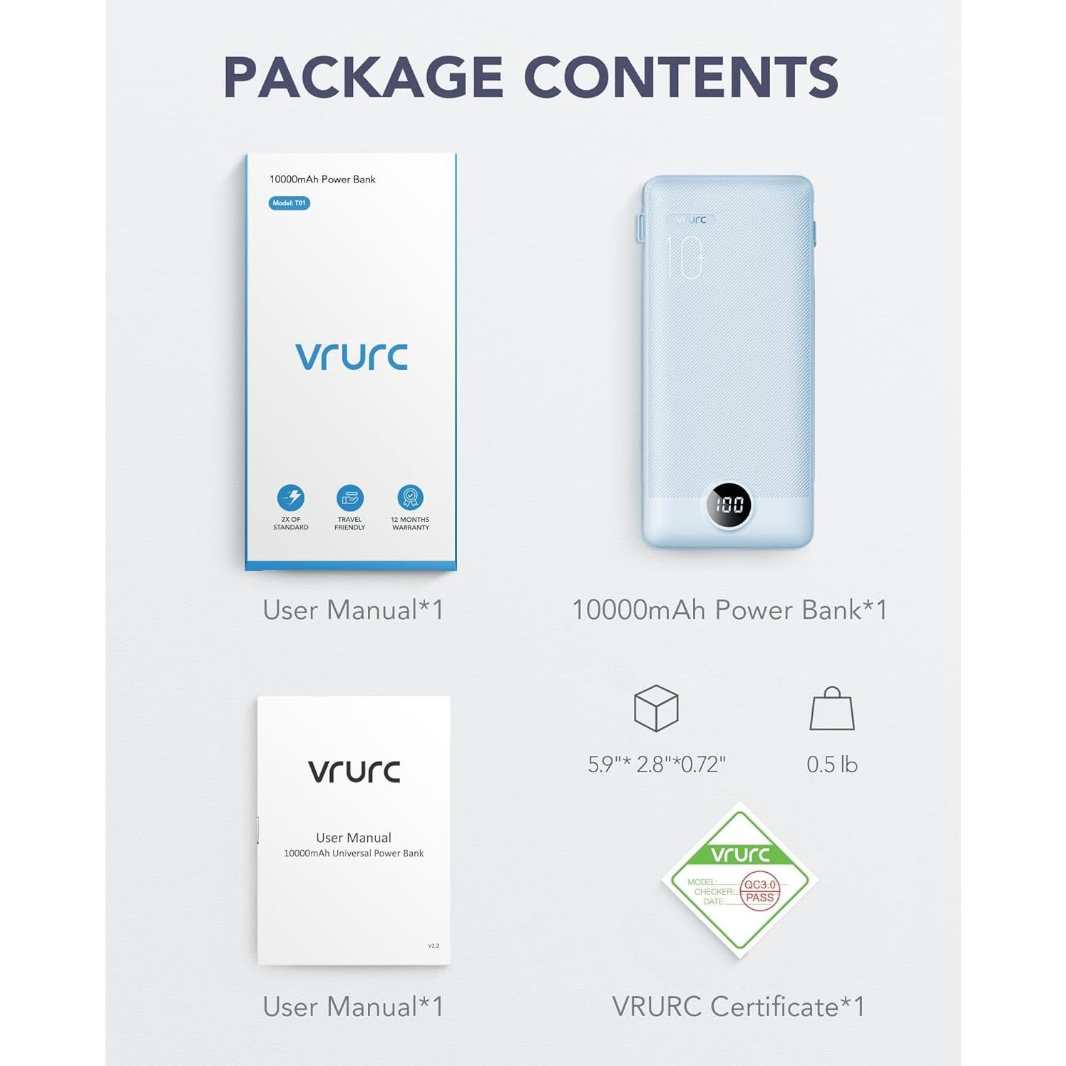 Cargador Portátil VRURC 10000mAh USB C con Enchufe AC