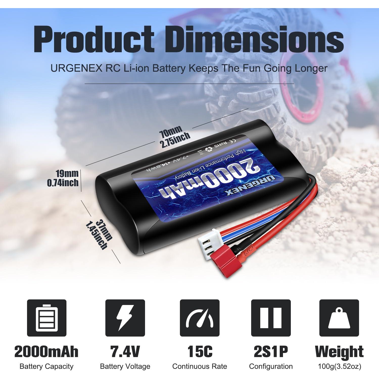 Batería Li-ion URGENEX 7.4V 2000mAh con conector Dean T para coches RC