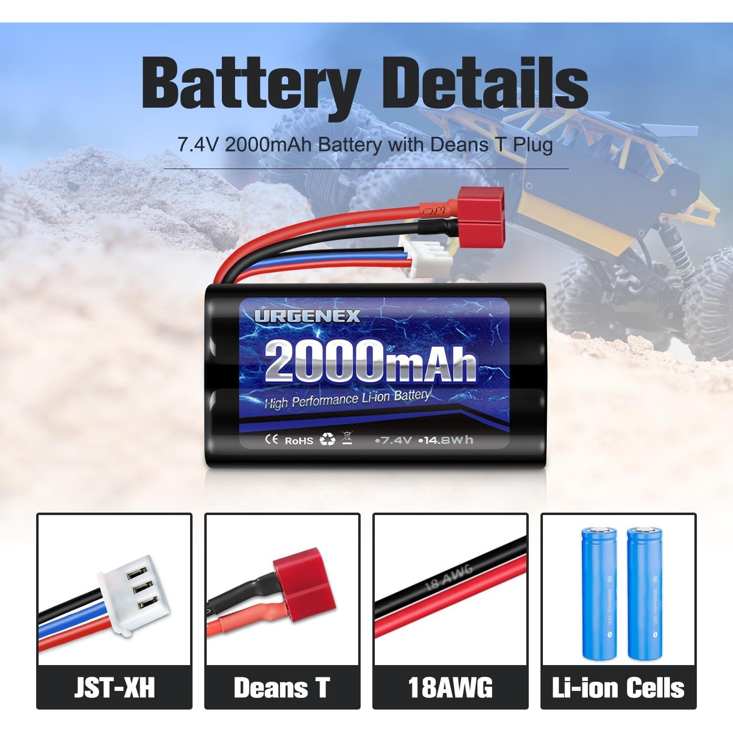 Batería Li-ion URGENEX 7.4V 2000mAh con conector Dean T para coches RC