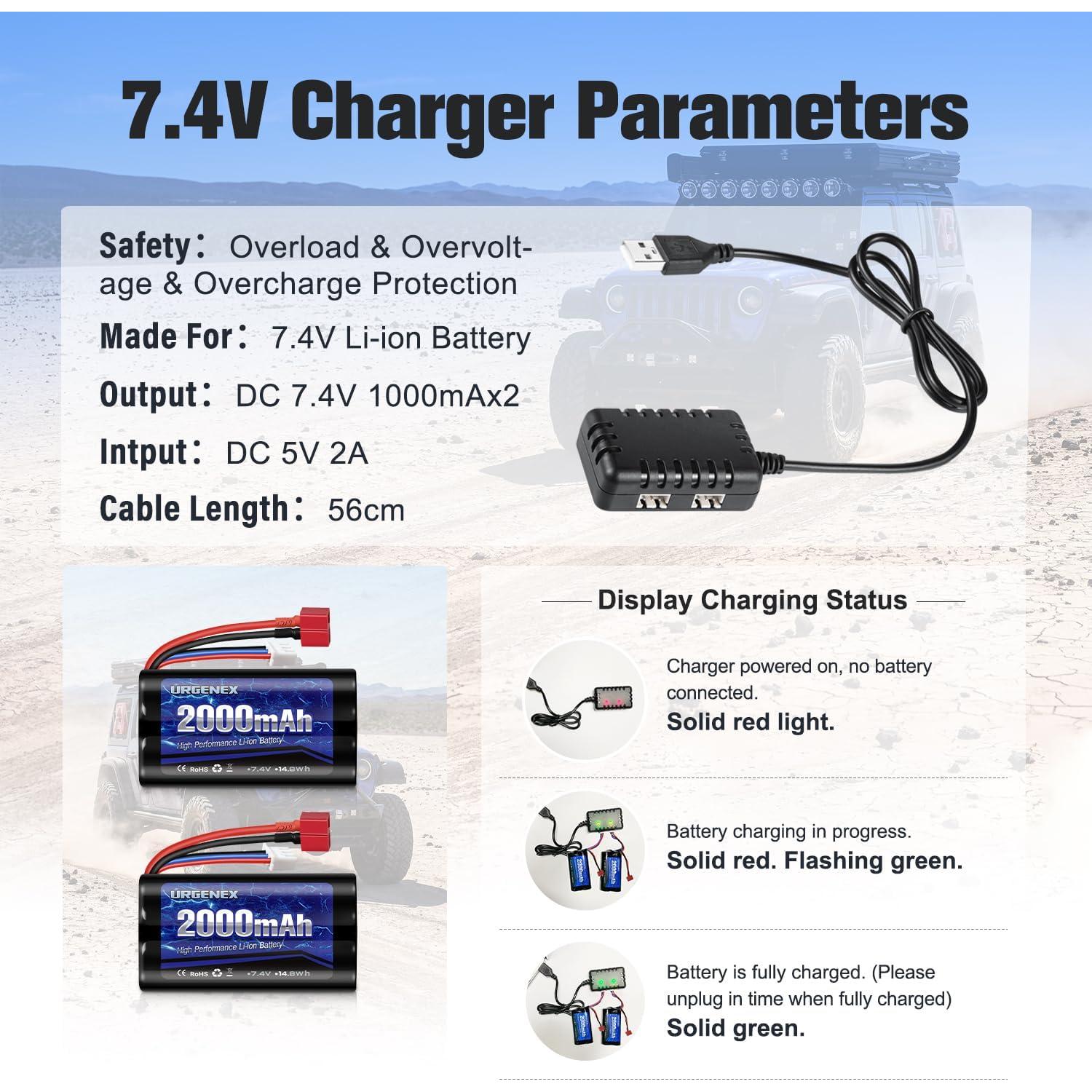 Batería Li-ion URGENEX 7.4V 2000mAh con conector Dean T para coches RC