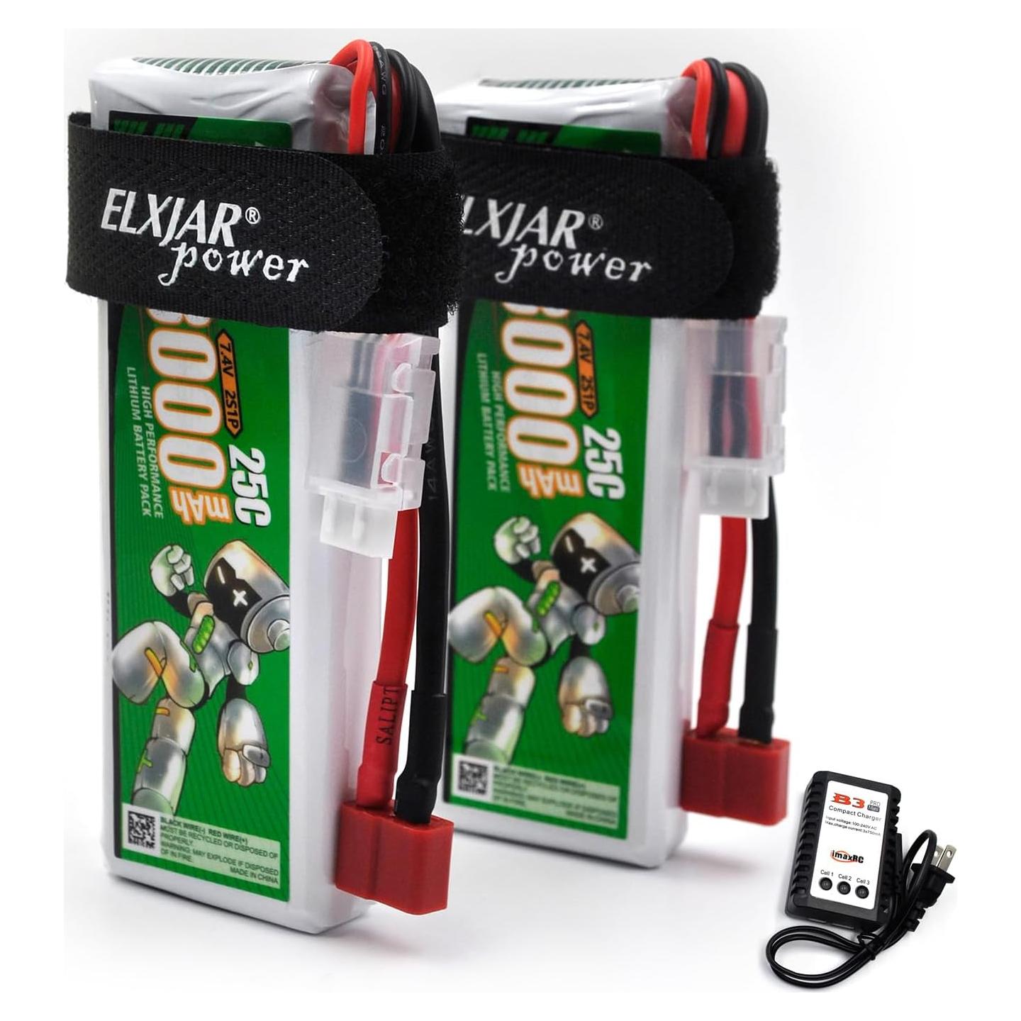 Batería LiPo 7.4V 3000mAh 25C elxjar - Paquete de 2 con Cargador