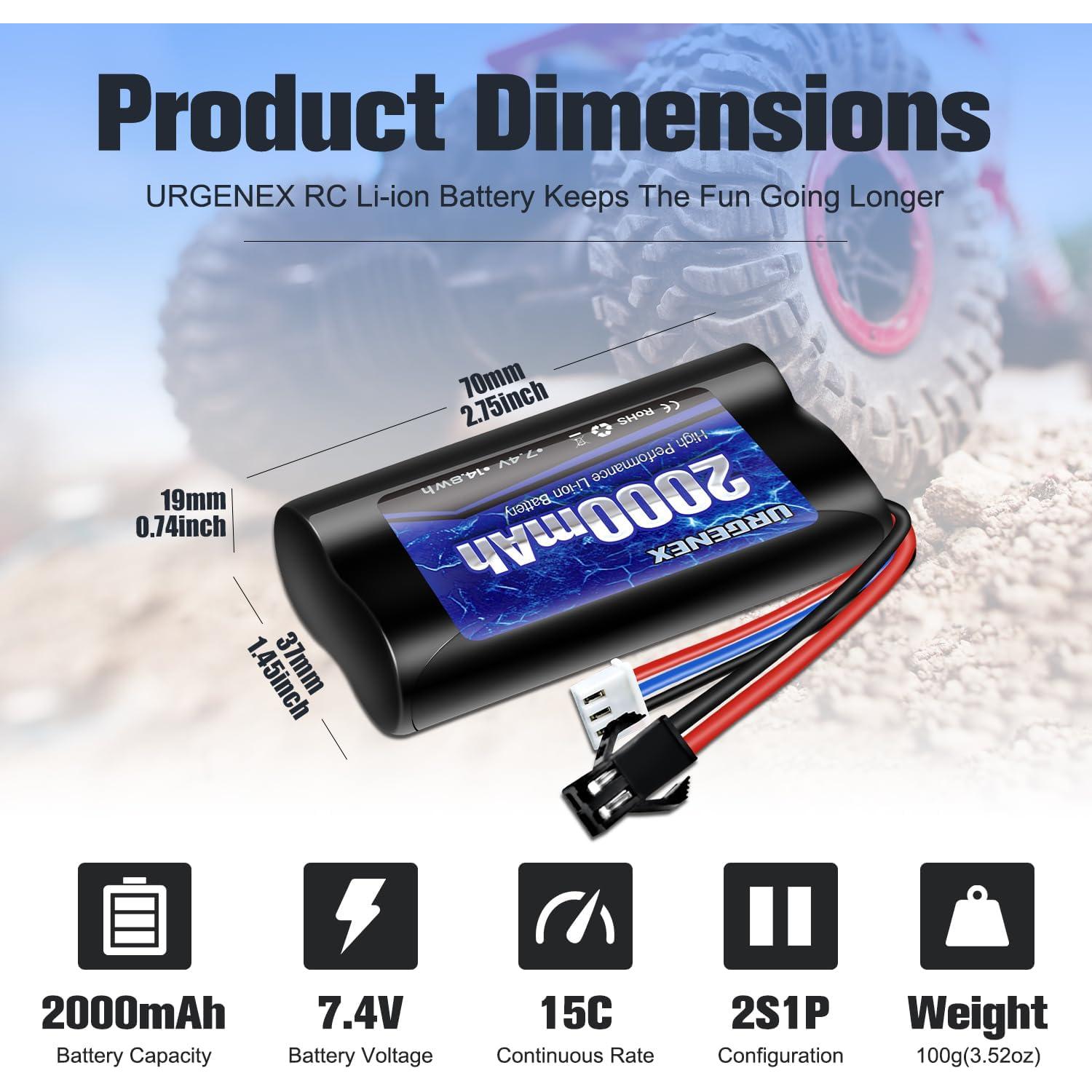 Batería Li-ion URGENEX 7.4V 2000mAh para Coches RC 1/10 1/12 1/16