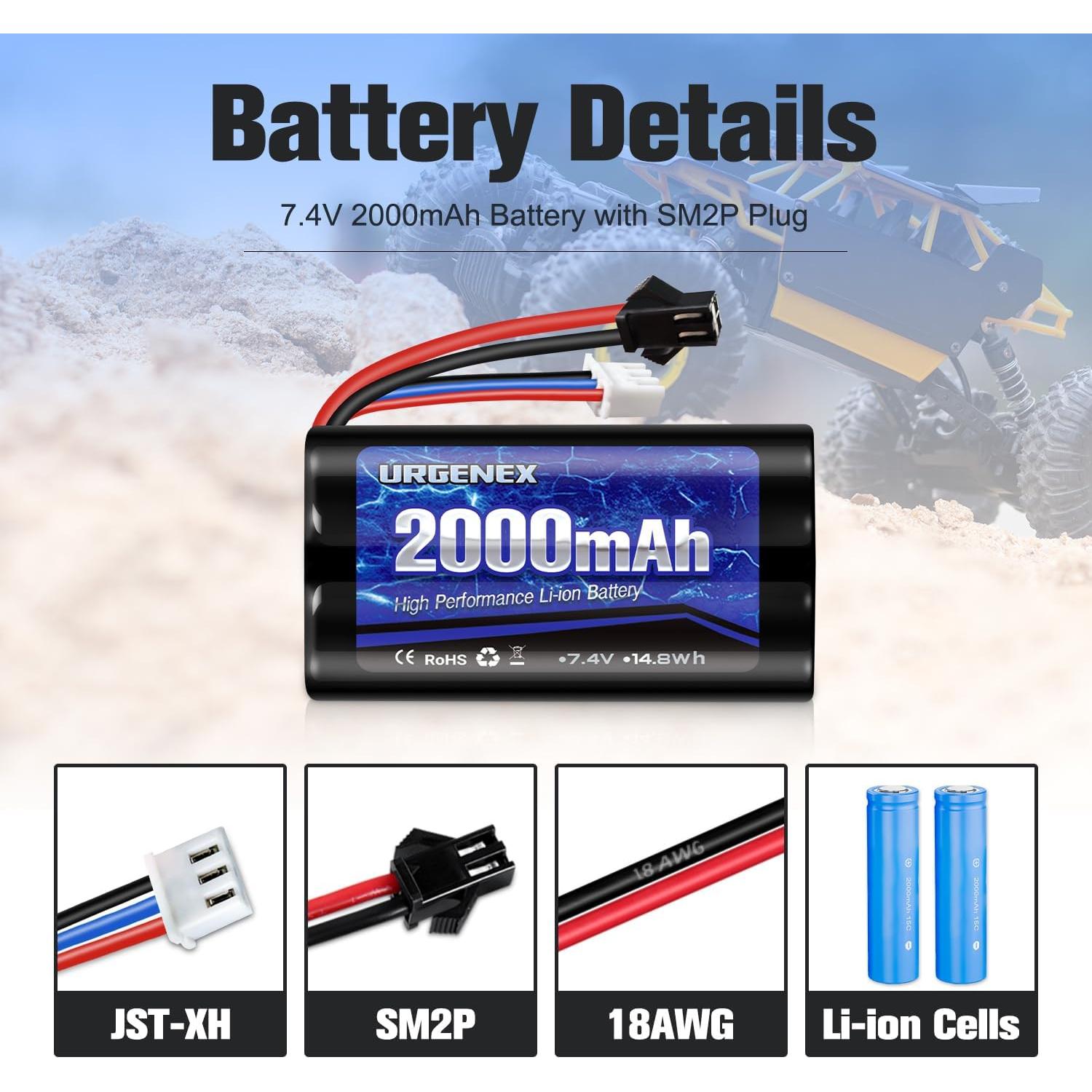 Batería Li-ion URGENEX 7.4V 2000mAh para Coches RC 1/10 1/12 1/16
