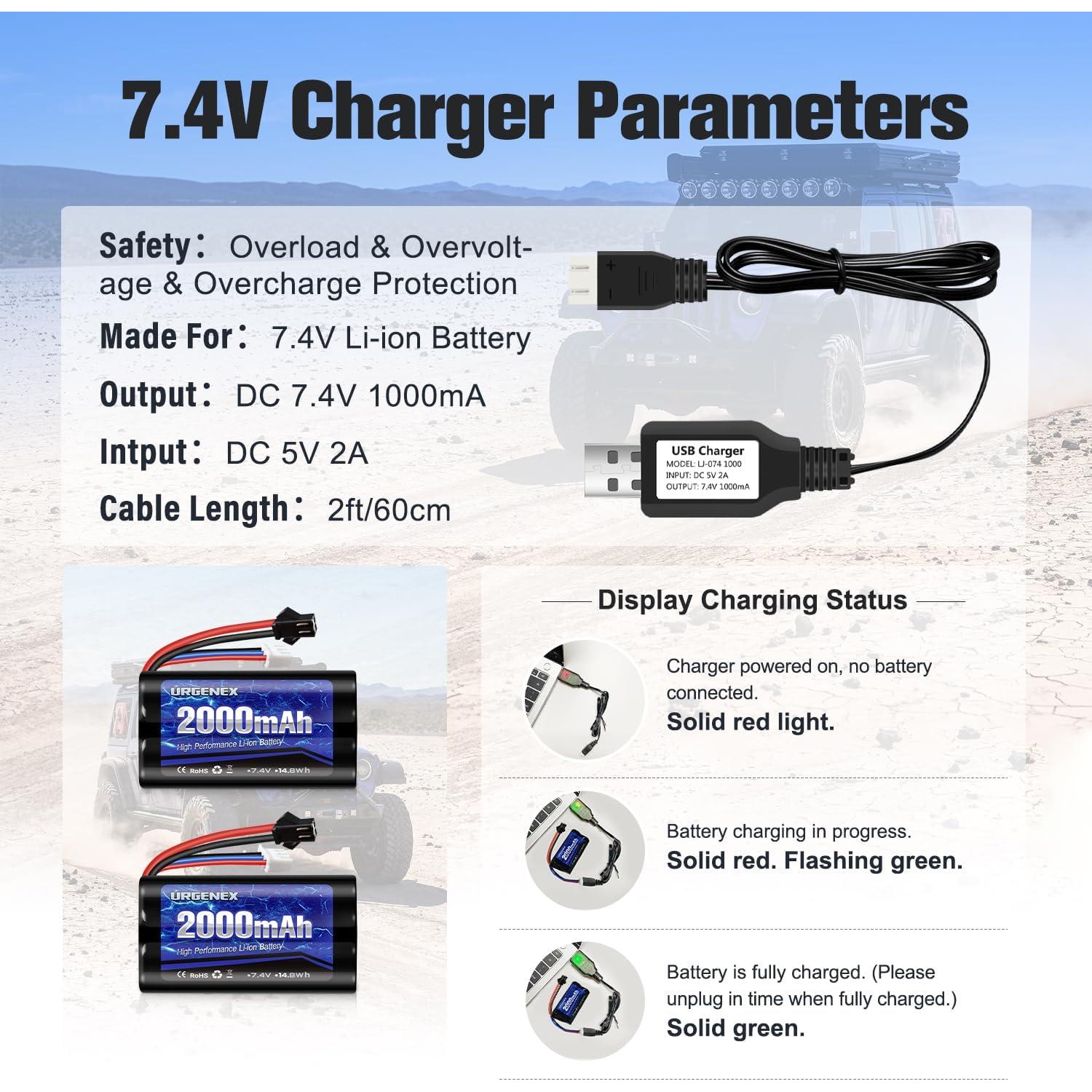 Batería Li-ion URGENEX 7.4V 2000mAh para Coches RC 1/10 1/12 1/16