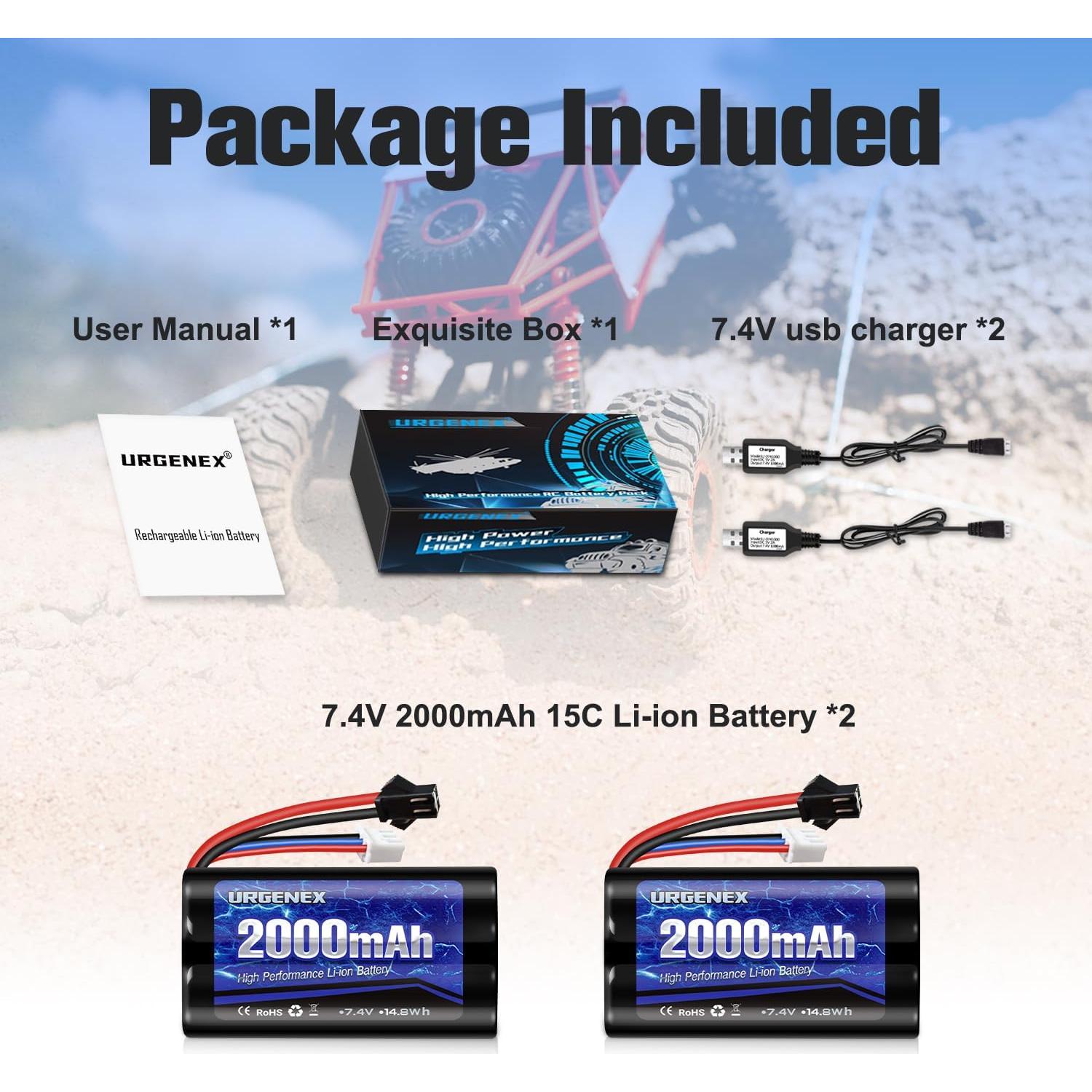 Batería Li-ion URGENEX 7.4V 2000mAh para Coches RC 1/10 1/12 1/16