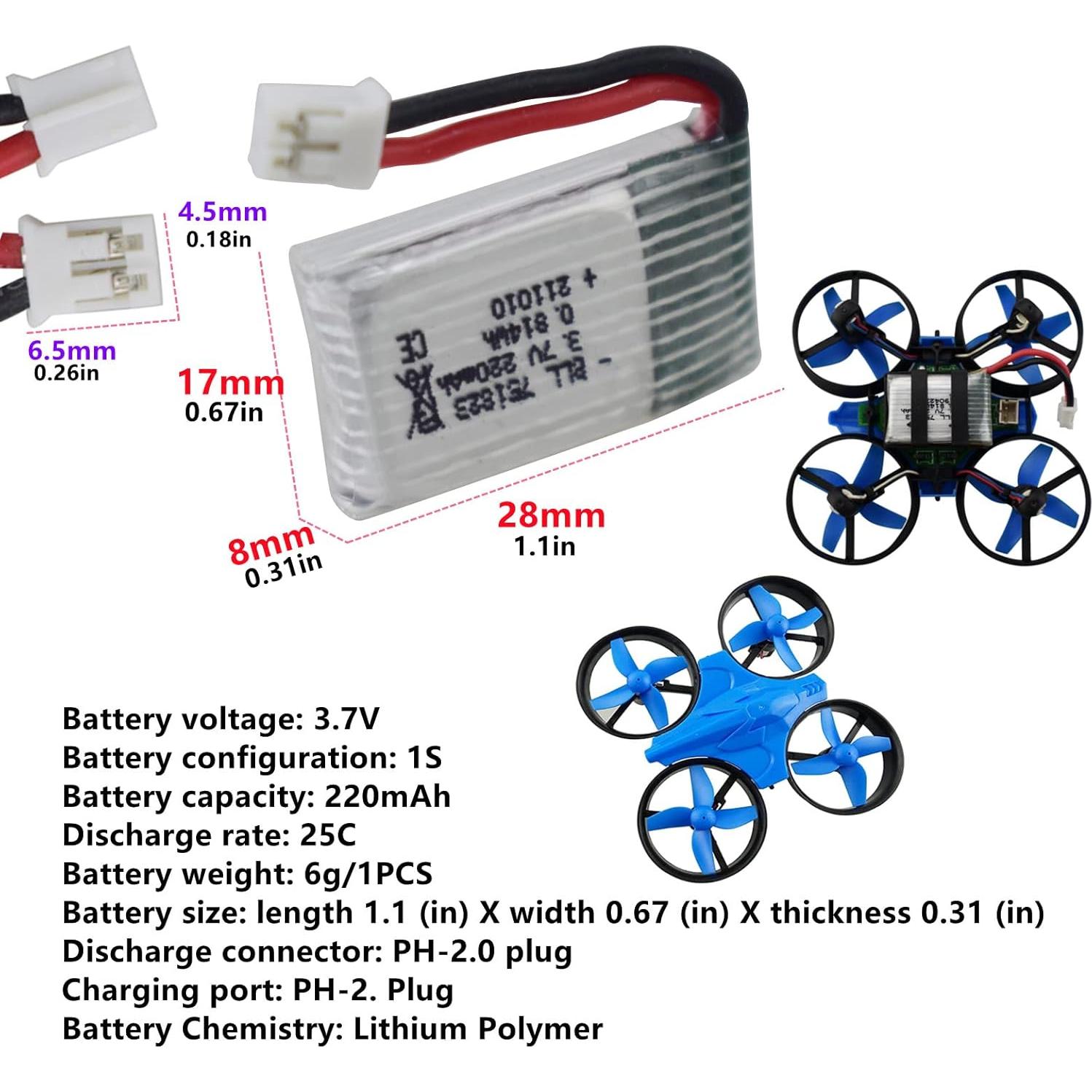 Baterías de Litio 6PCS 3.7V 220mAh Fytoo para Drones