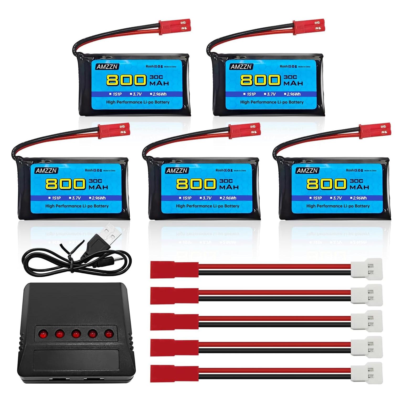 5 Baterías Lipo 3.7V 800mAh 30C + Cargador 5-en-1 JST