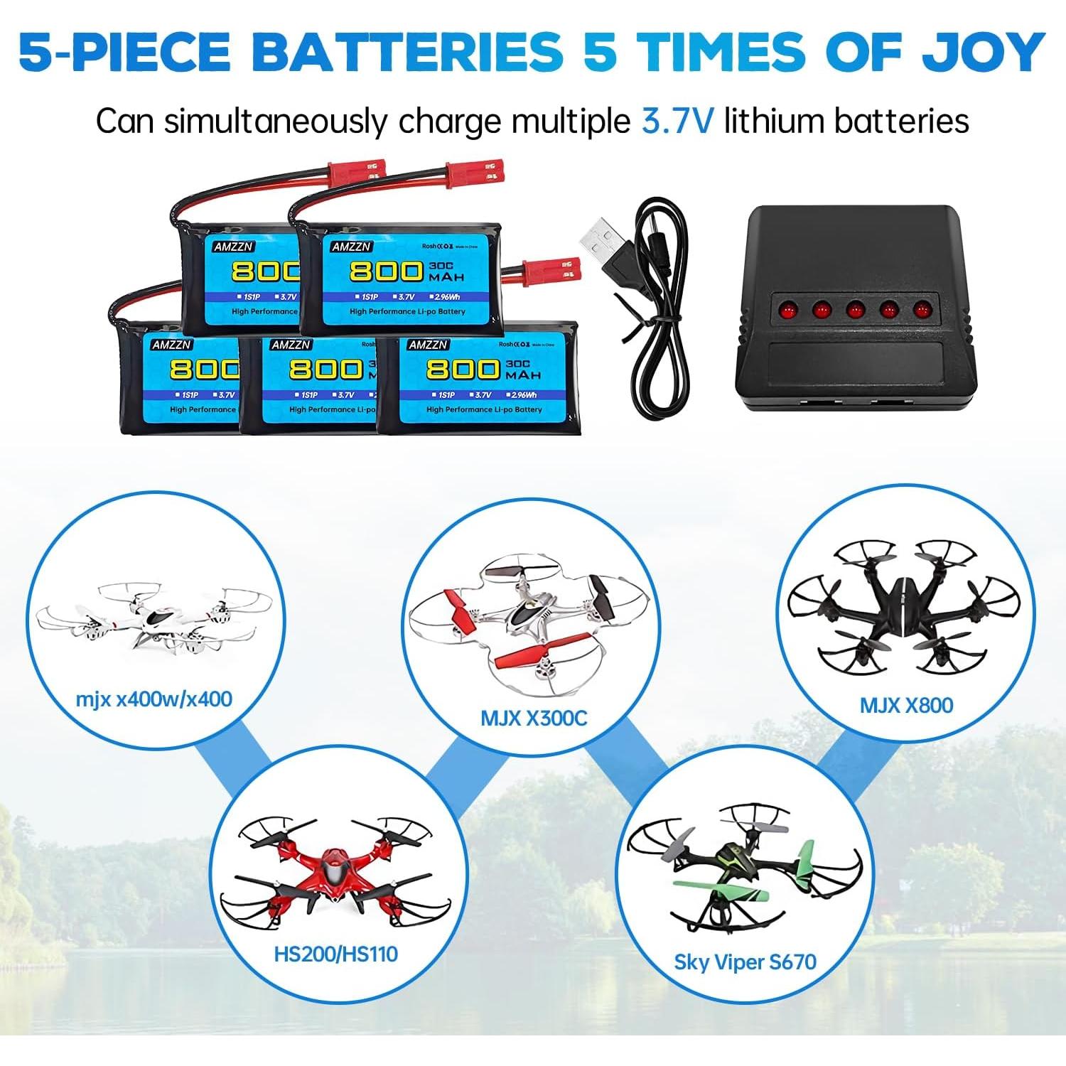 5 Baterías Lipo 3.7V 800mAh 30C + Cargador 5-en-1 JST