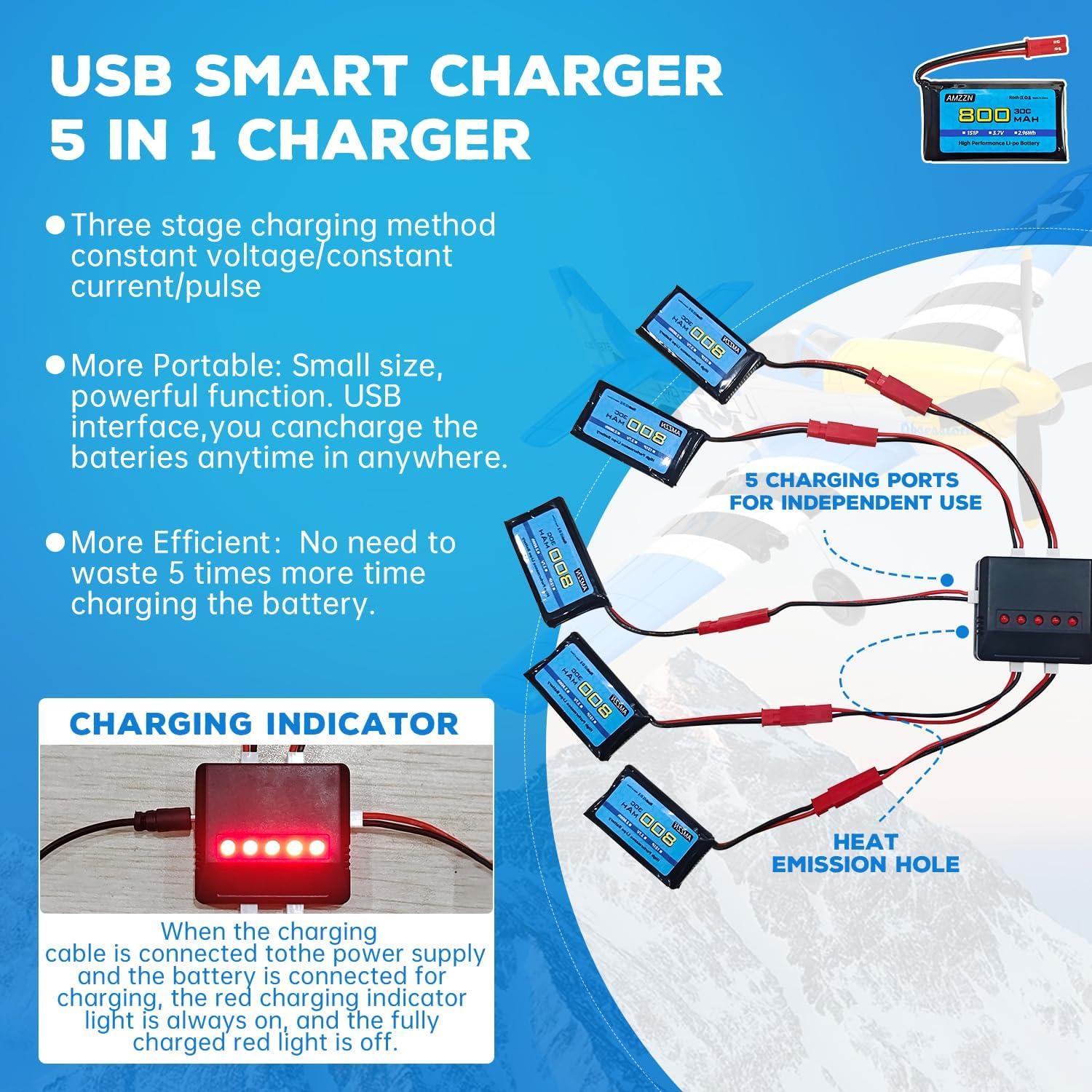 5 Baterías Lipo 3.7V 800mAh 30C + Cargador 5-en-1 JST