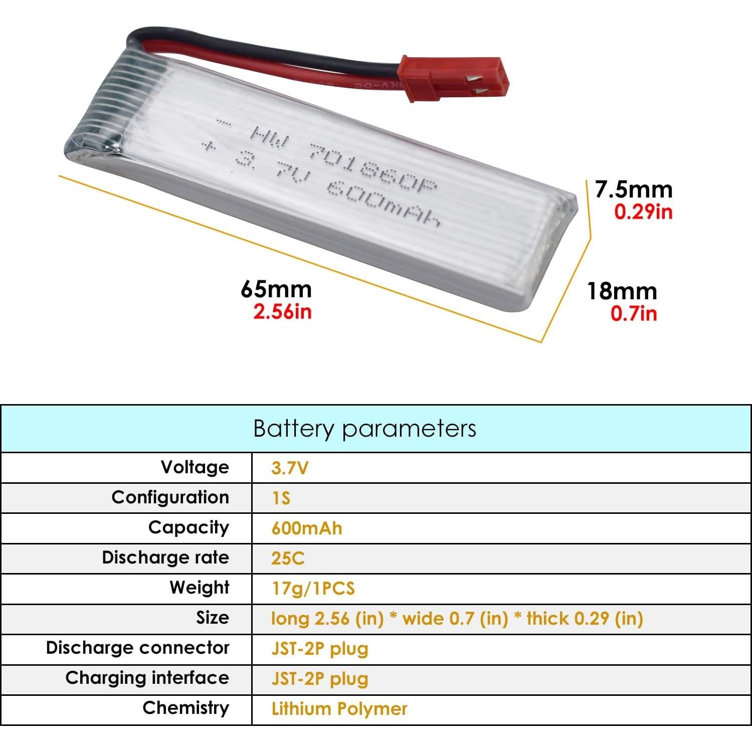 4 Baterías de Litio 600mAh MOONZON para Drones RC UDI WLtoys Syma