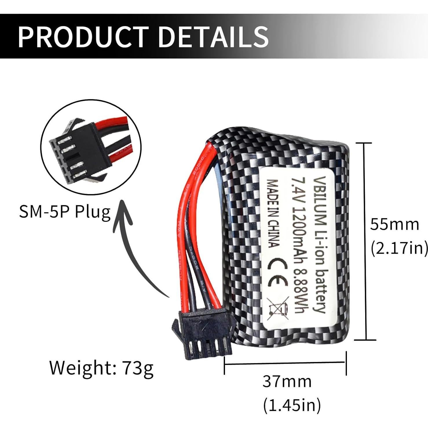 Batería Li-ion 7.4V 1200mAh SM-5P para Barcos RC - Paquete de 2