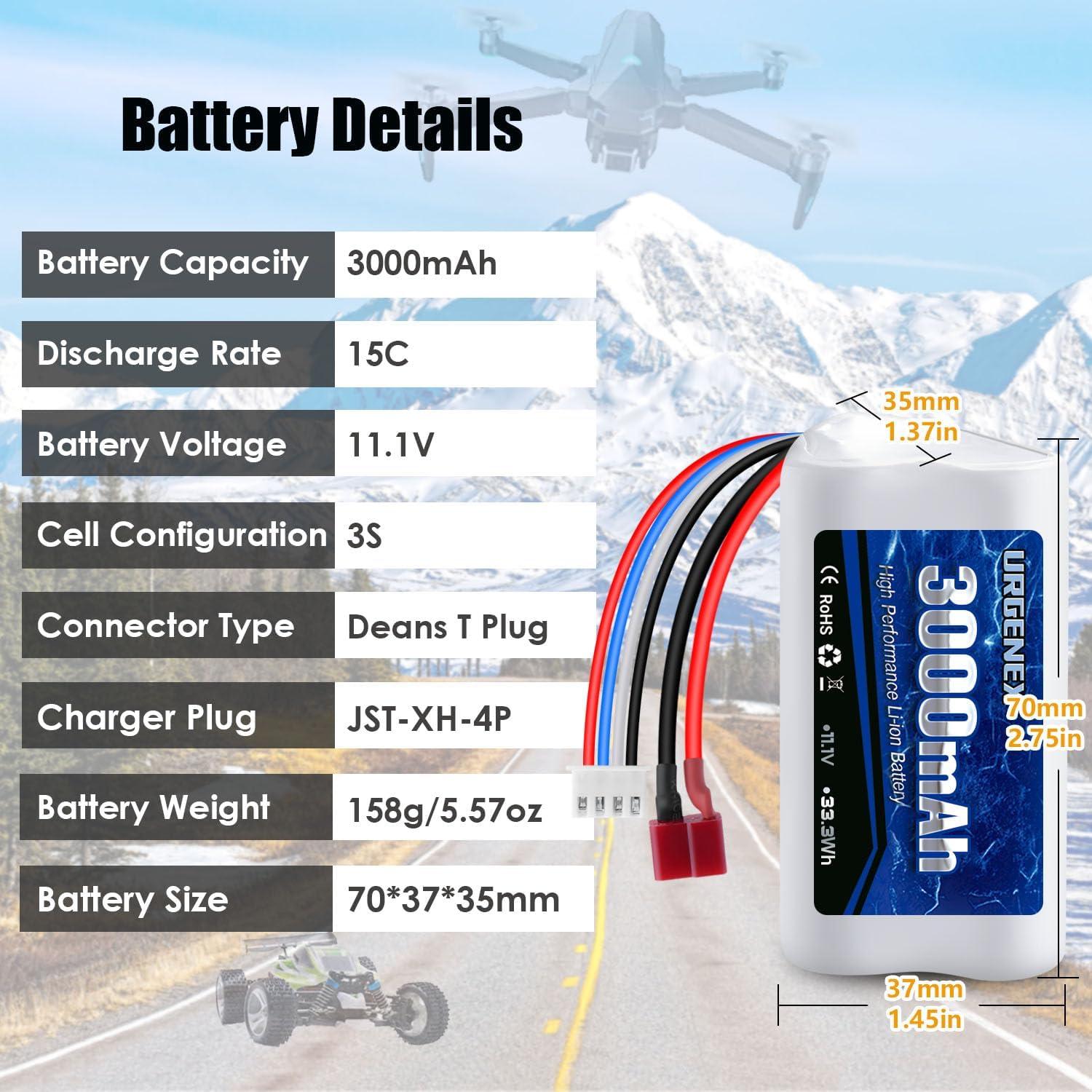 Batería Li-ion 11.1V 3000mAh URGENEX para Barcos RC 2PCS