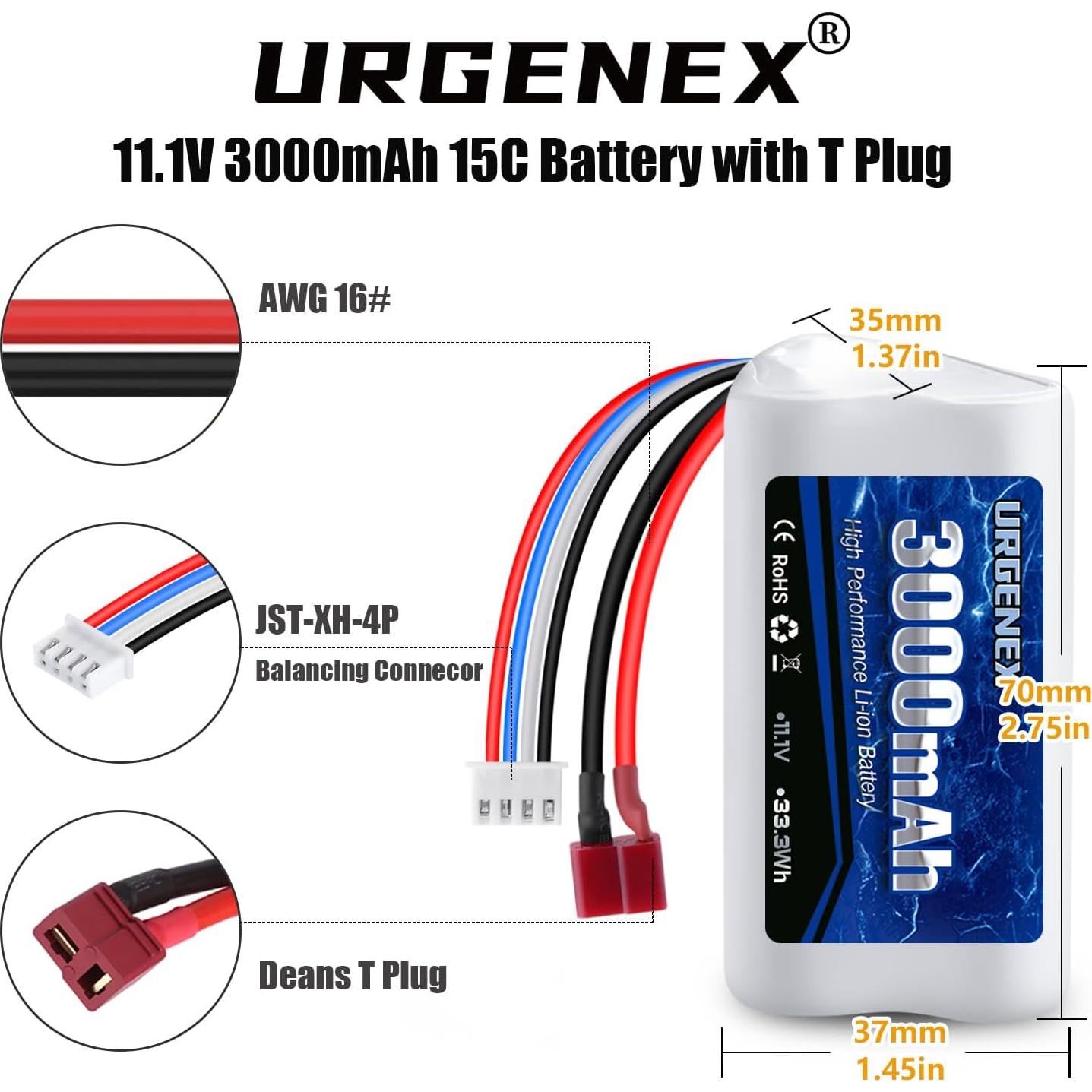 Batería Li-ion 11.1V 3000mAh URGENEX para Barcos RC 2PCS
