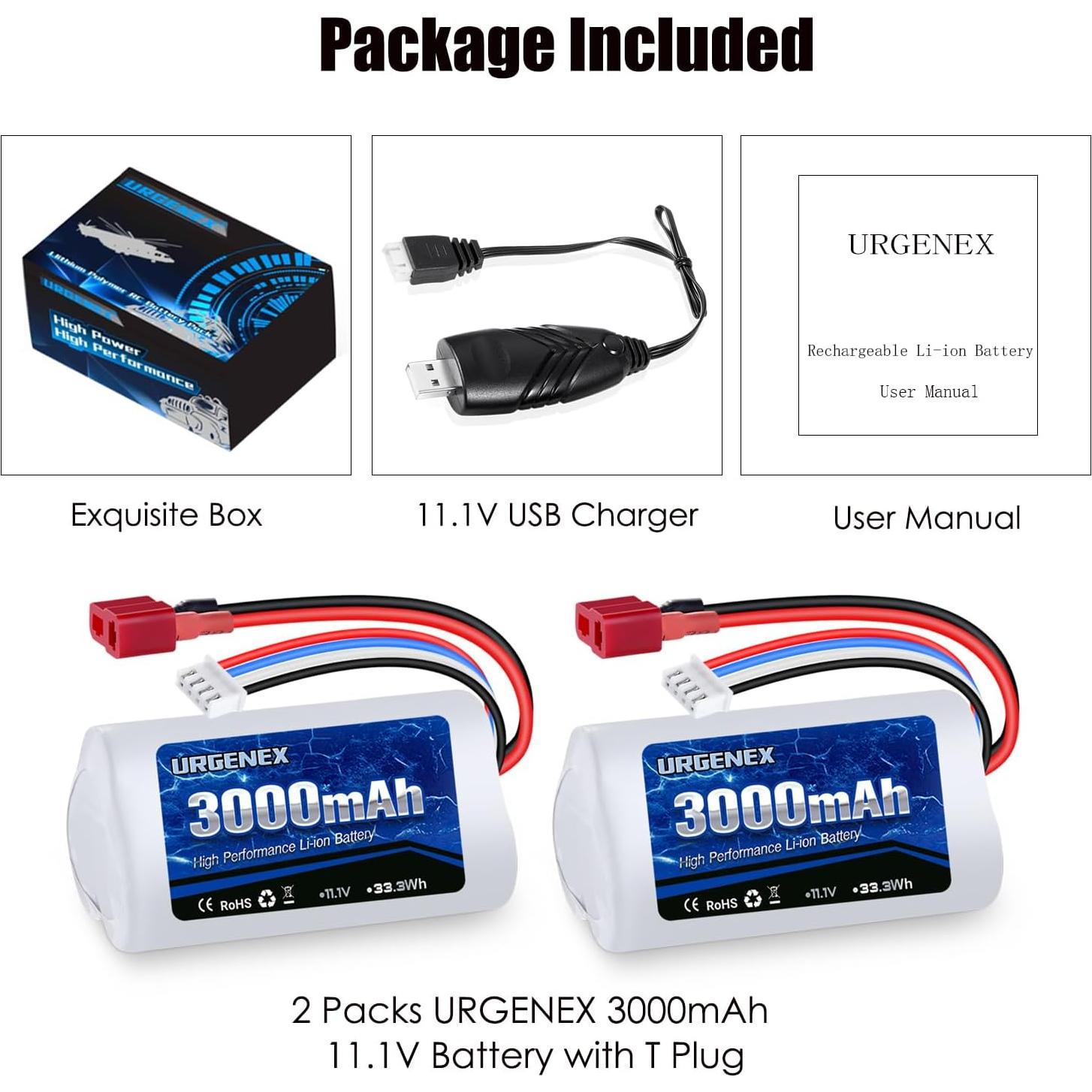 Batería Li-ion 11.1V 3000mAh URGENEX para Barcos RC 2PCS