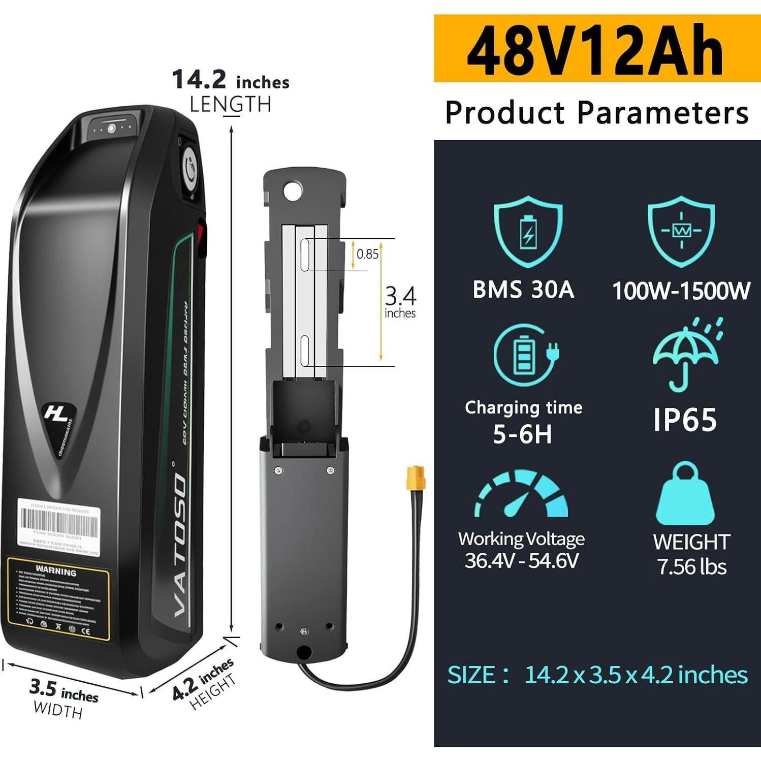 Batería de Litio 48V 12Ah VATOSO con BMS 30A y Cargador