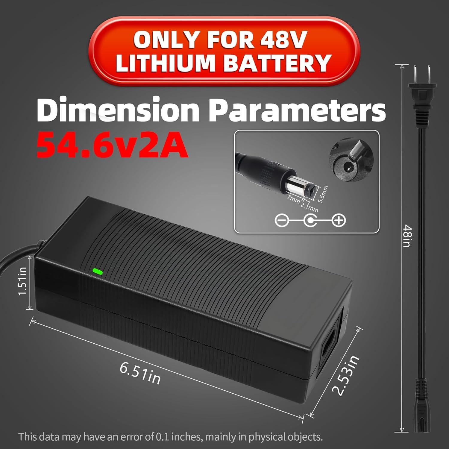 Cargador Rápido 54.6V 2A Brokeir para Batería Ebike 48V