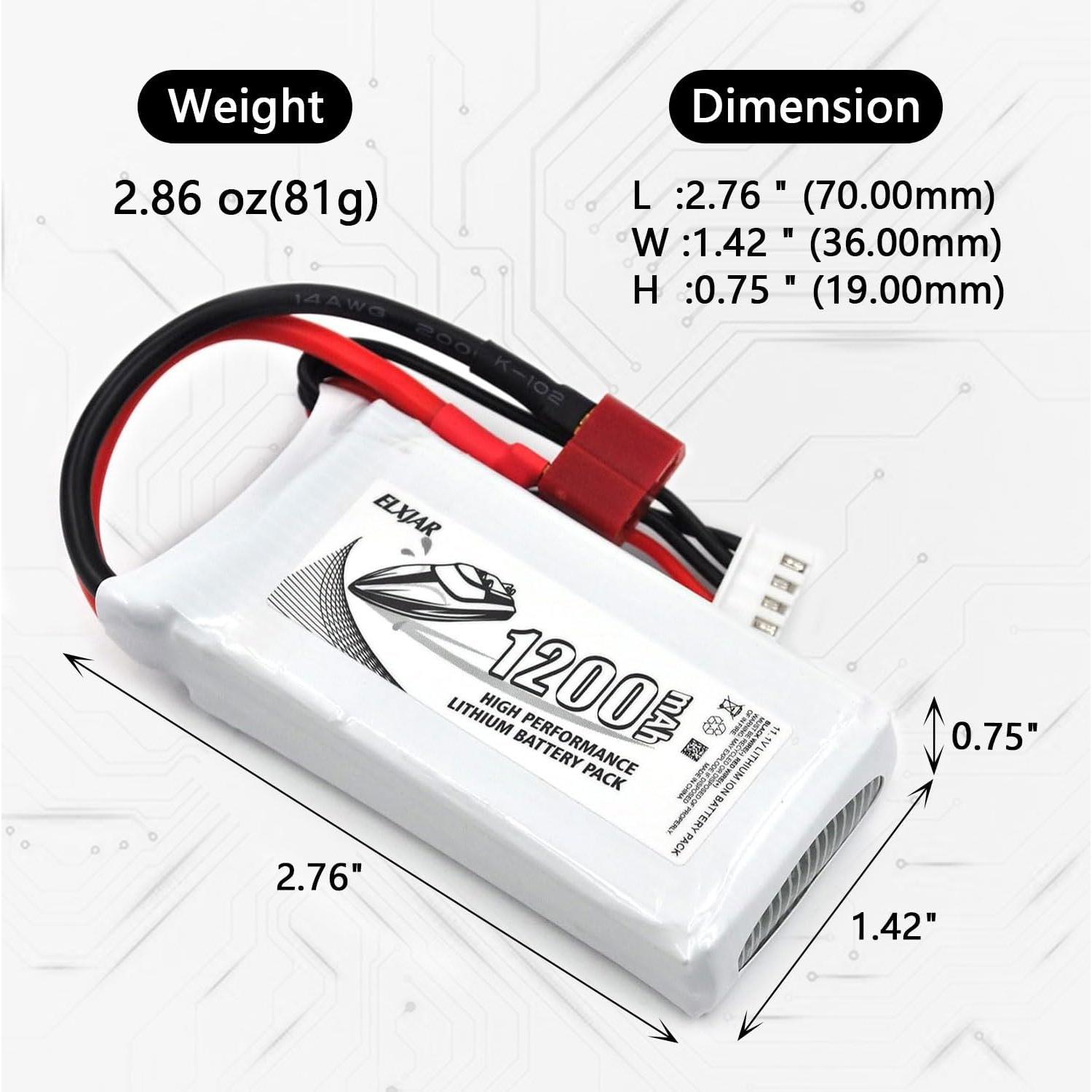 Batería LiPo 11.1V 1200mAh 30C elxjar T-Plug 2-Pack