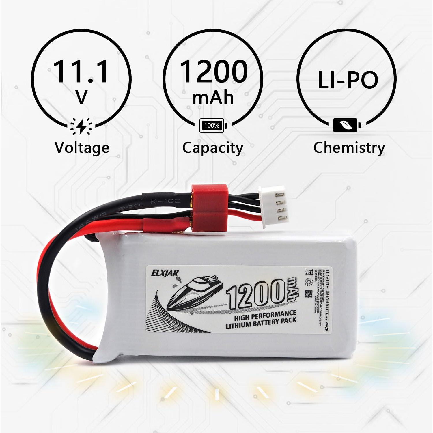 Batería LiPo 11.1V 1200mAh 30C elxjar T-Plug 2-Pack