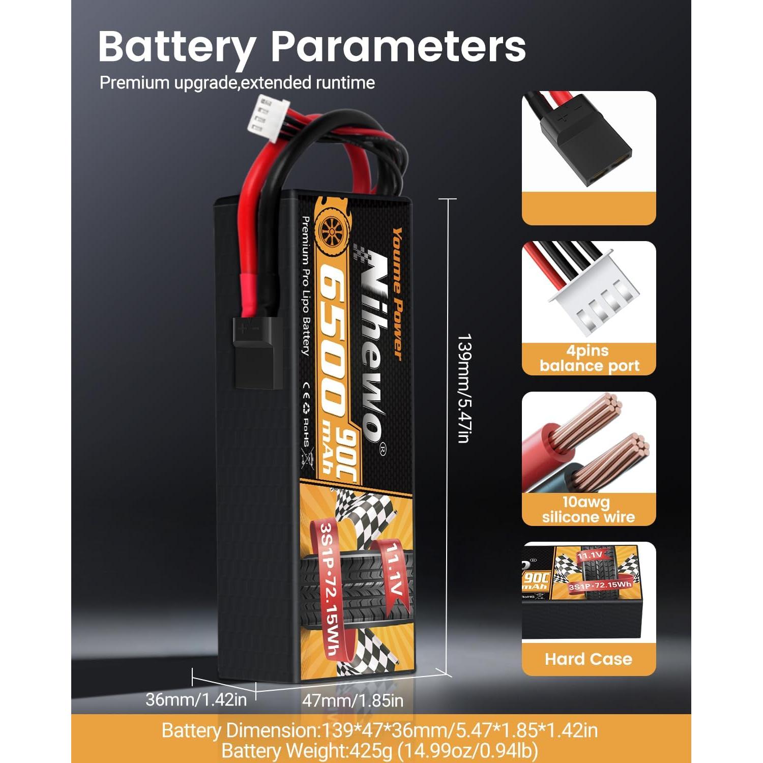 Batería Lipo 3S 11.1V 6500mAh Nihewo 90C para RC - 2 Paquetes