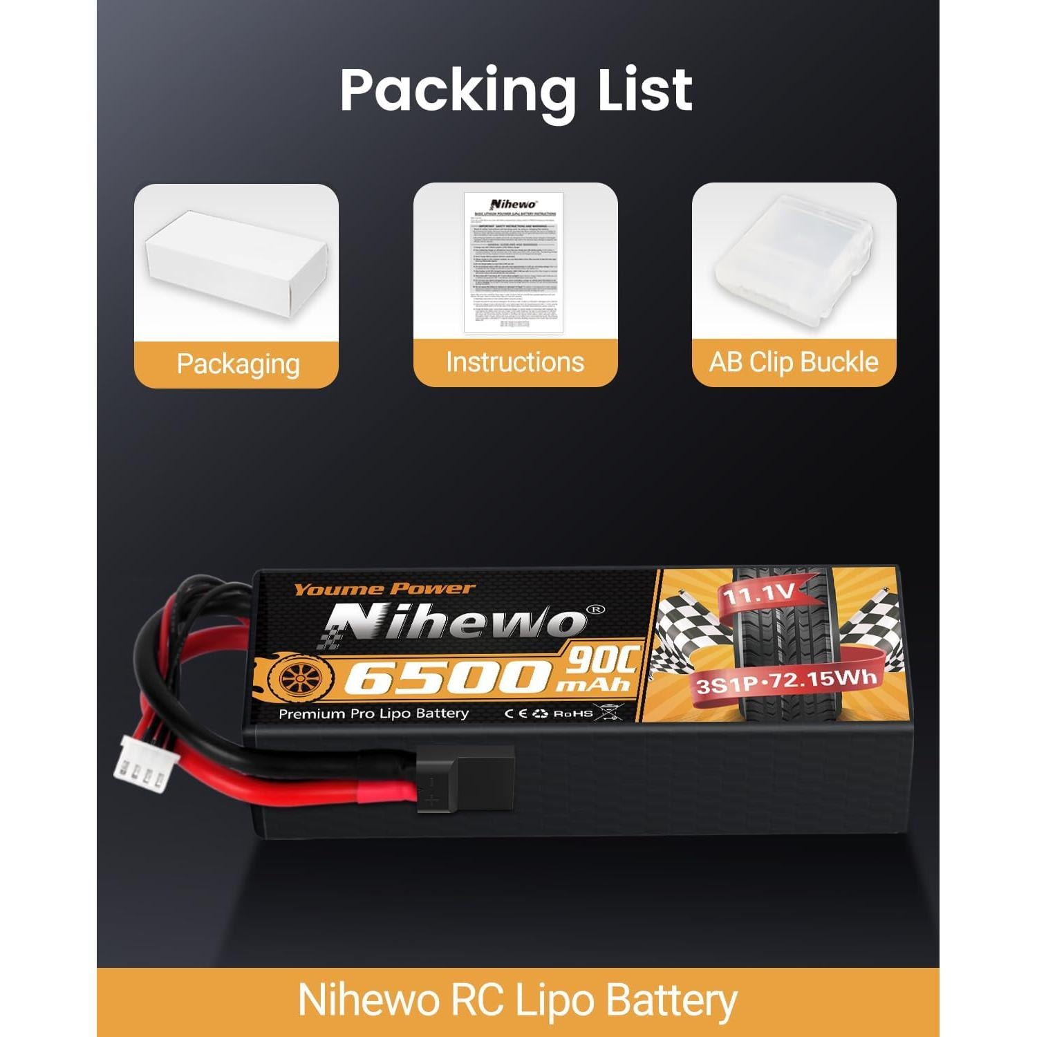 Batería Lipo 3S 11.1V 6500mAh Nihewo 90C para RC - 2 Paquetes