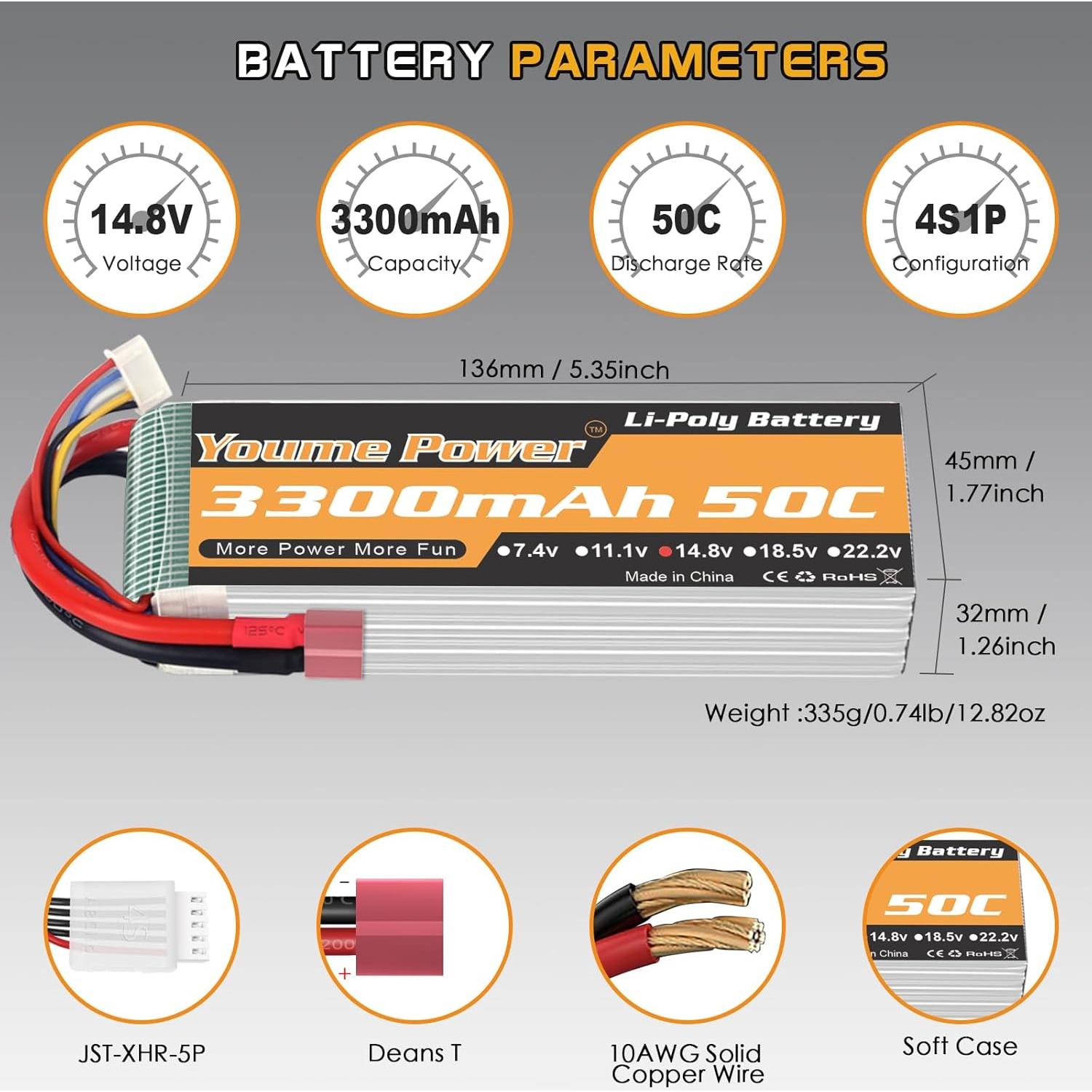 Batería Lipo 4S 14.8V 3300mAh Youme con Conector T - 2 Paquetes