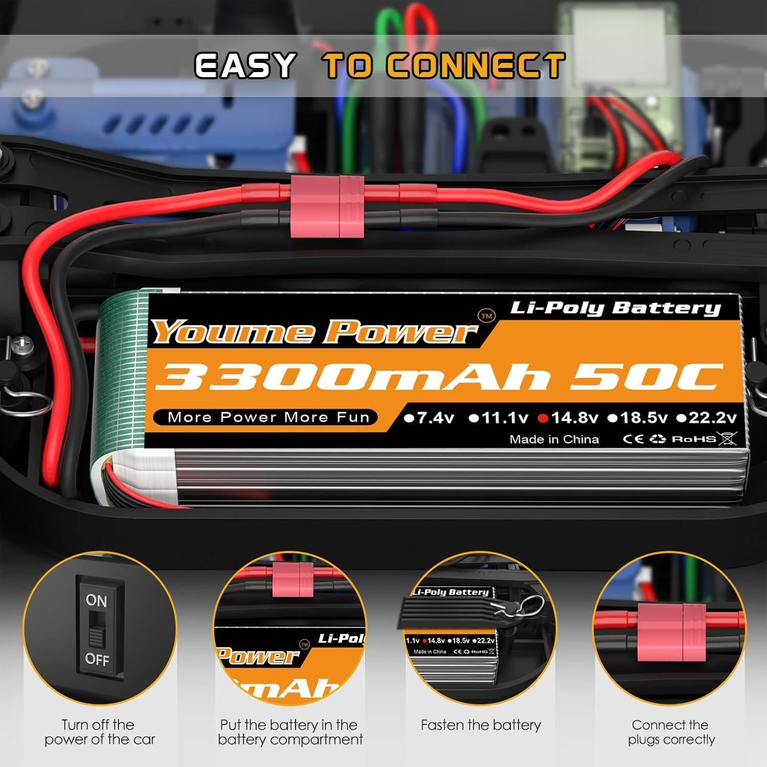 Batería Lipo 4S 14.8V 3300mAh Youme con Conector T - 2 Paquetes