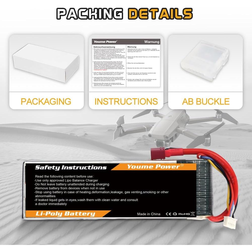 Batería Lipo 4S 14.8V 3300mAh Youme con Conector T - 2 Paquetes