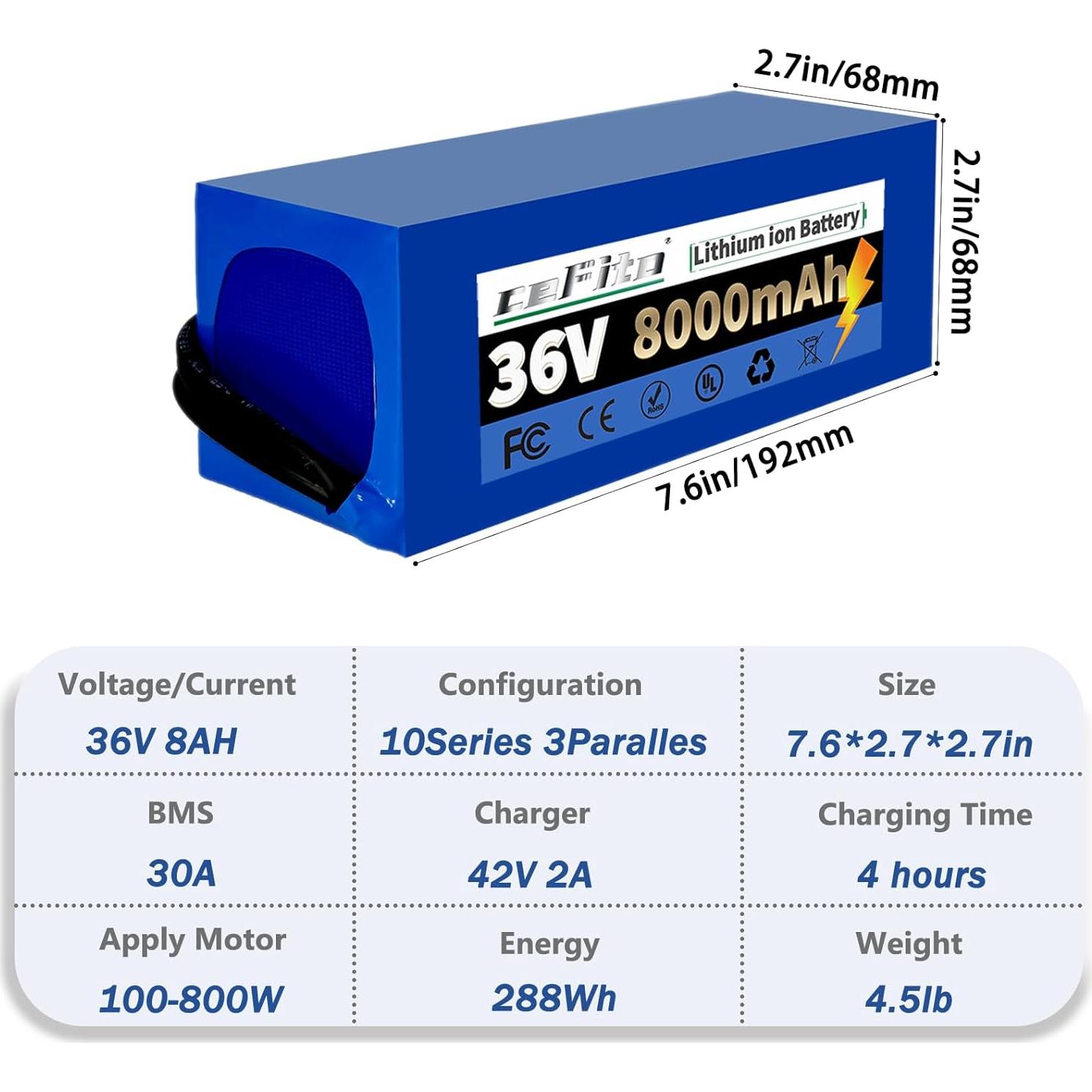 Batería de Litio 36V 8Ah Cefito para Ebike y Scooters