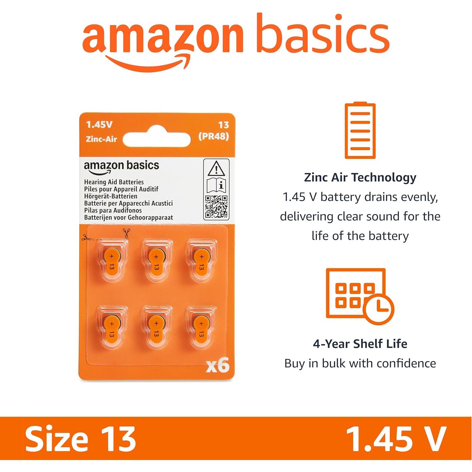 Baterías de Ayuda Auditiva Amazon Basics Tamaño 13 - 60 Unidades