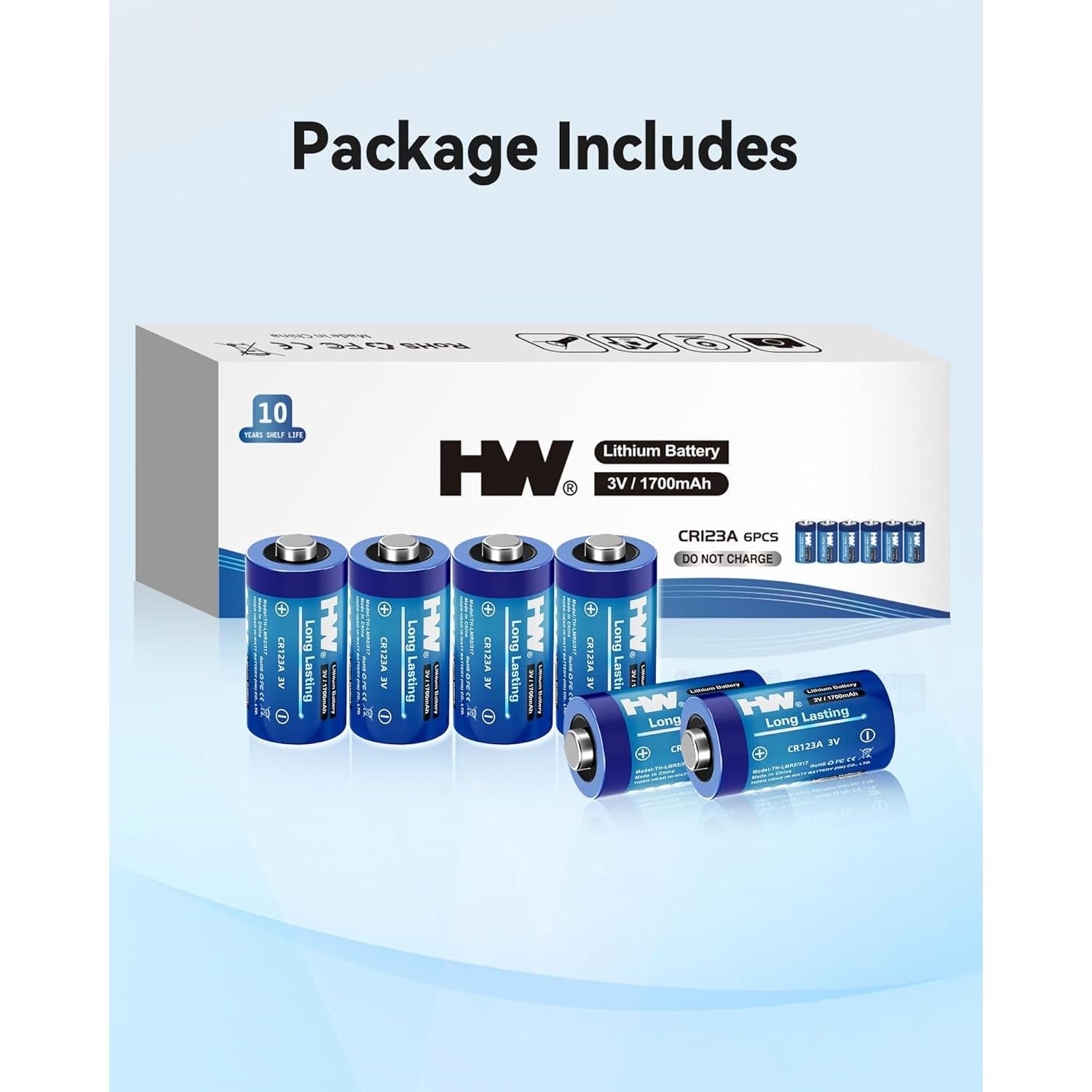 Baterías de Litio CR123A 3V HW - Paquete de 6, 1700mAh