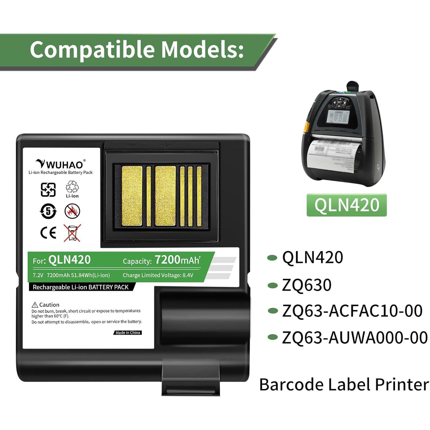 Batería de Litio WUHAO QLN420 ZQ630 7200mAh Reemplazo