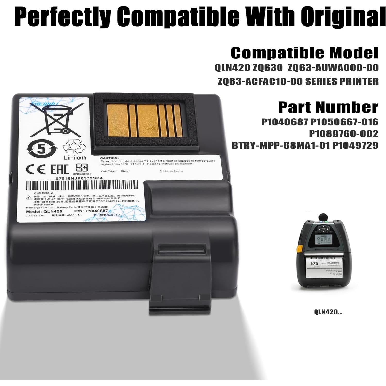 Batería Li-Ion 4900mAh para Zebra QLN420 ZQ630