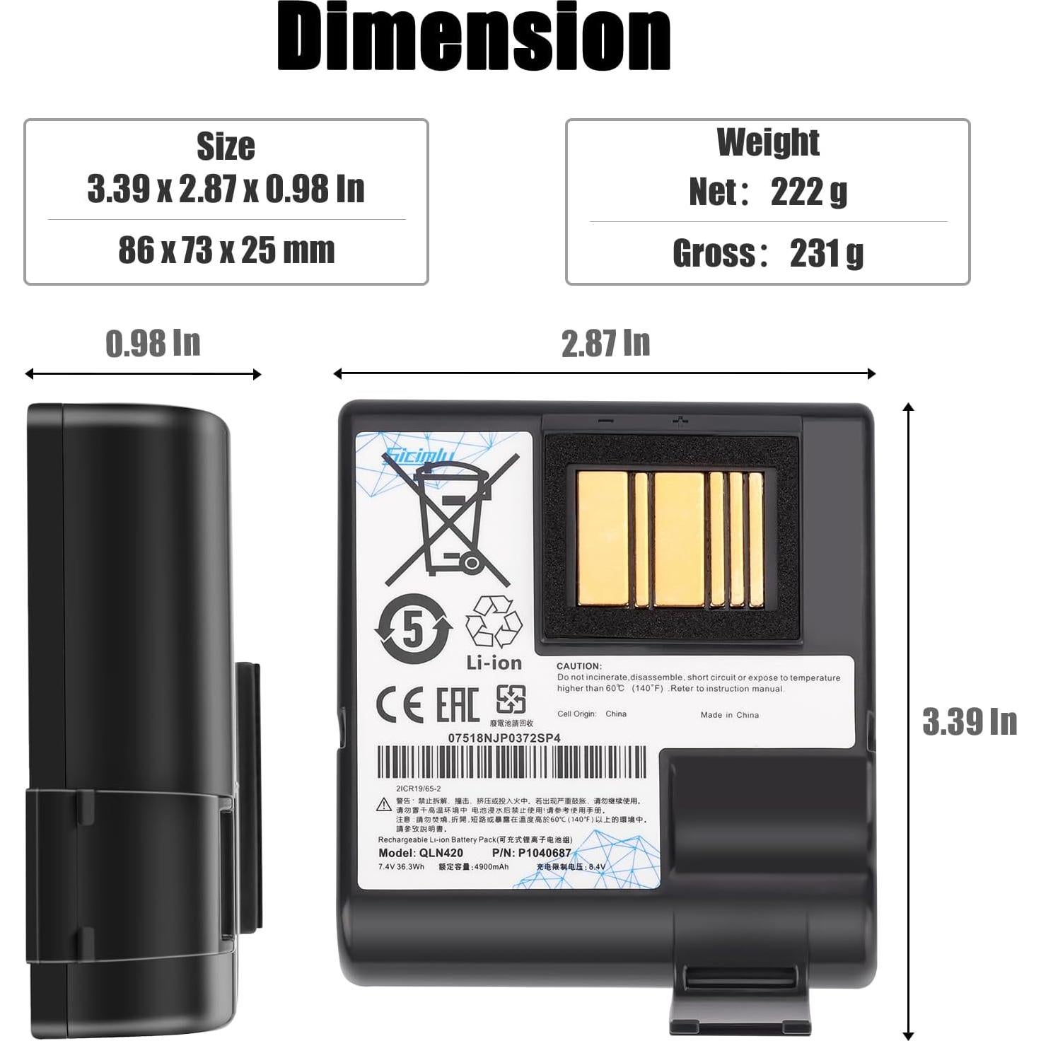 Batería Li-Ion 4900mAh para Zebra QLN420 ZQ630