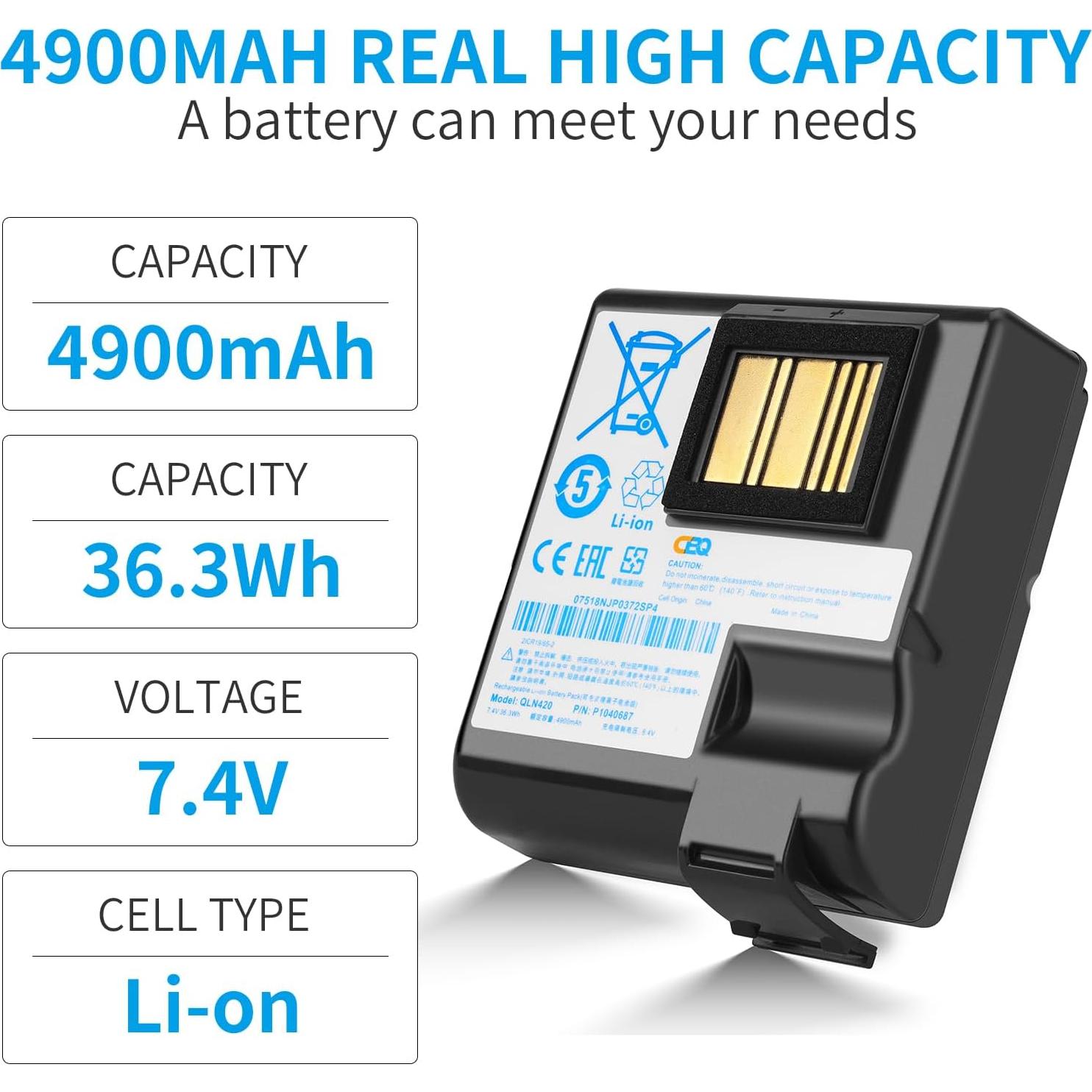 Batería de Reemplazo 4900mAh CBQ para Impresora Zebra QLN420 ZQ630