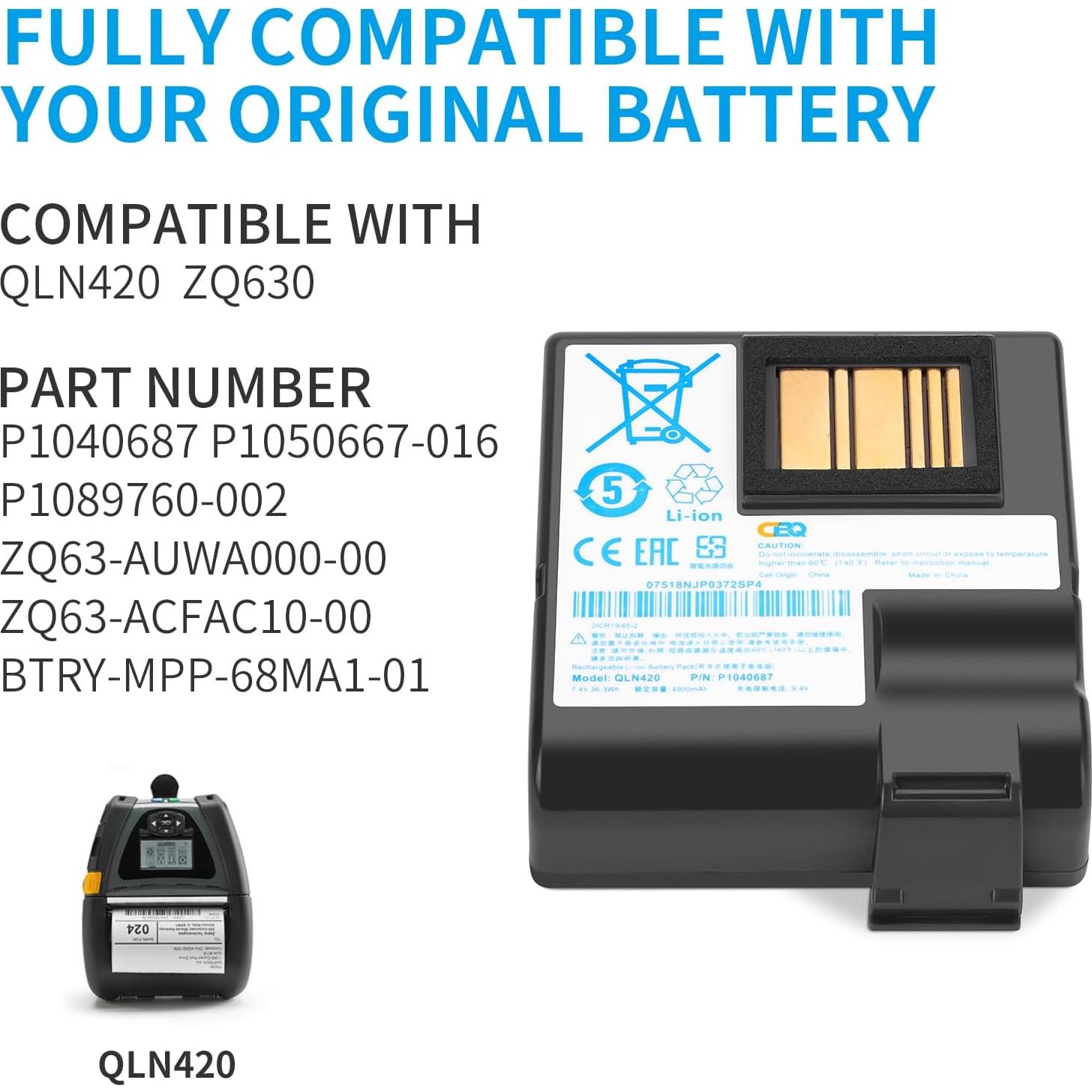 Batería de Reemplazo 4900mAh CBQ para Impresora Zebra QLN420 ZQ630