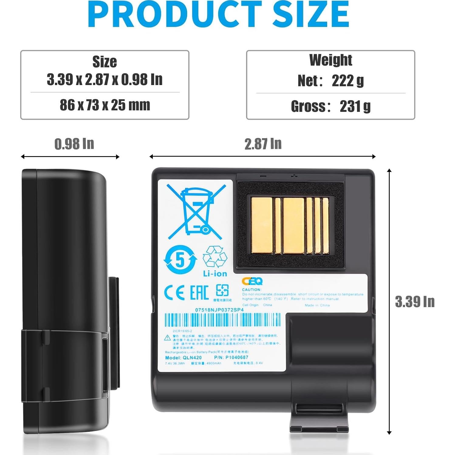 Batería de Reemplazo 4900mAh CBQ para Impresora Zebra QLN420 ZQ630