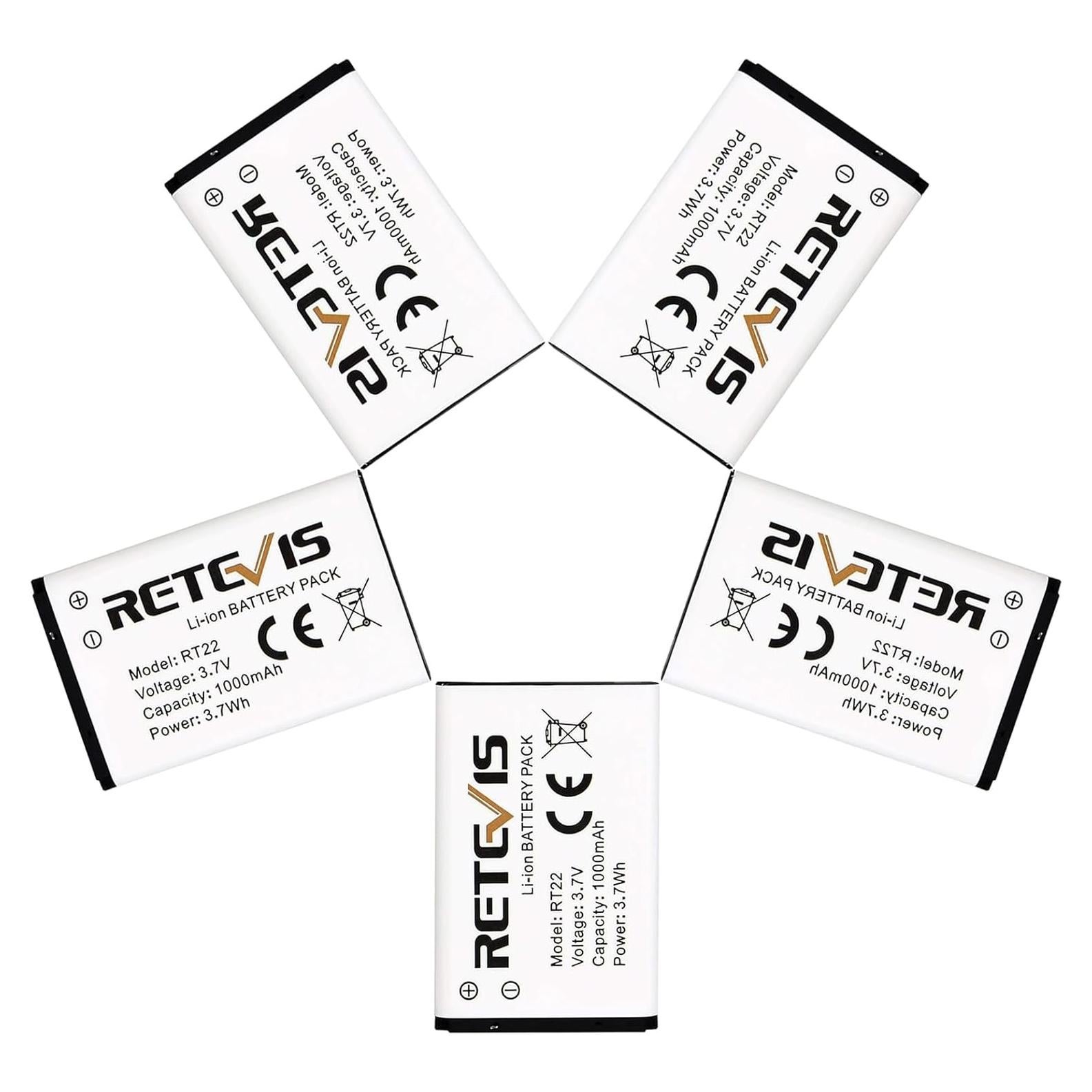 Batería Retevis Li-ion 3.7V 1000mAh para Walkie Talkies RT22 RT22S RT15 RT19 (5 Piezas)