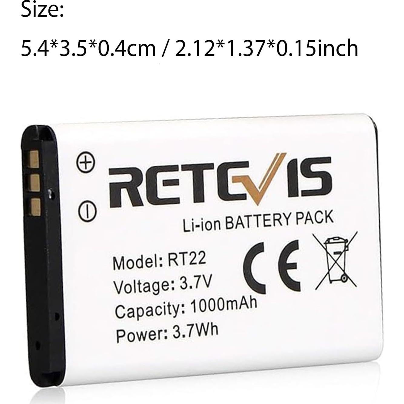 Batería Retevis Li-ion 3.7V 1000mAh para Walkie Talkies RT22 RT22S RT15 RT19 (5 Piezas)